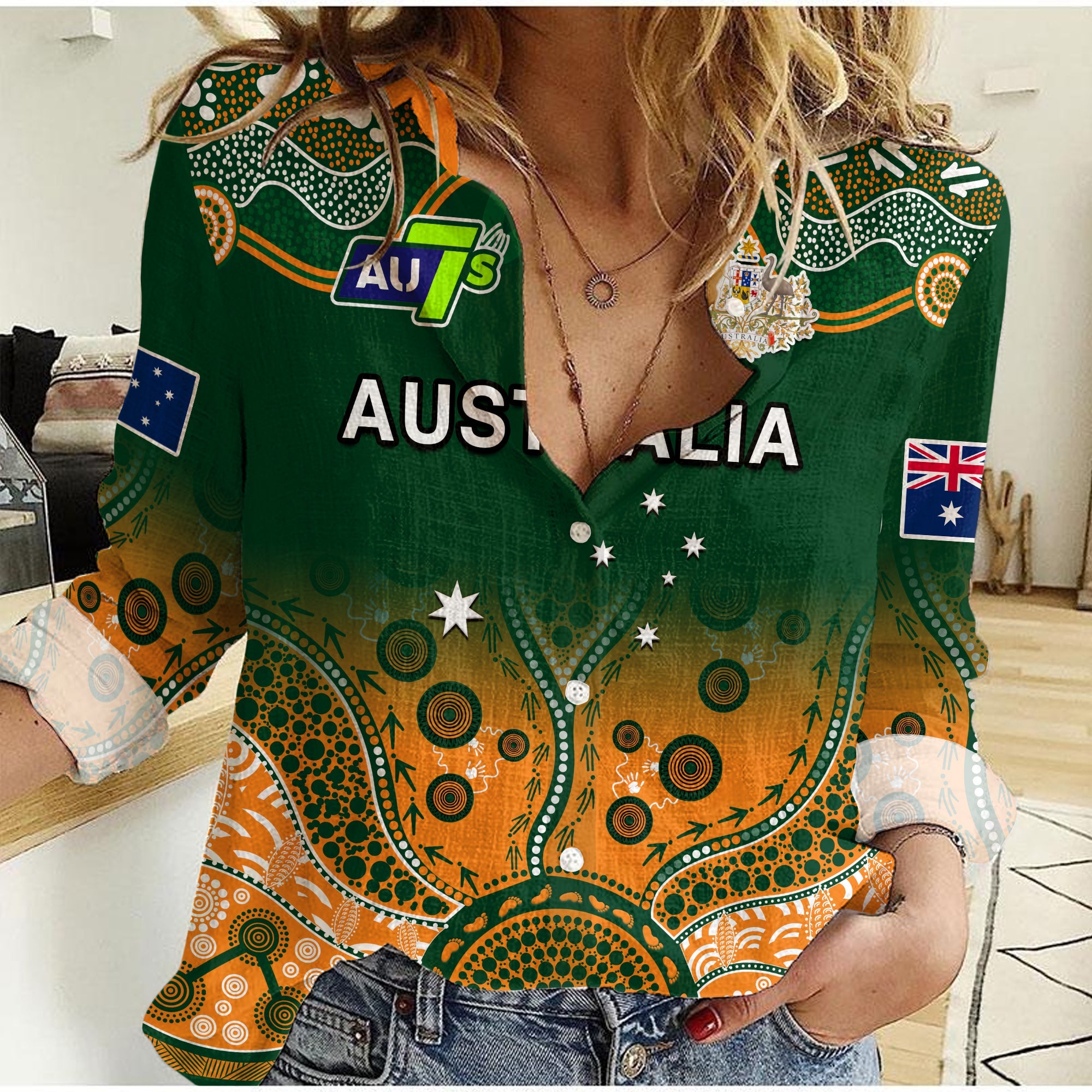 custom-text-and-number-australia-rugby-women-casual-shirt-aussie-sevens-green-indigenous