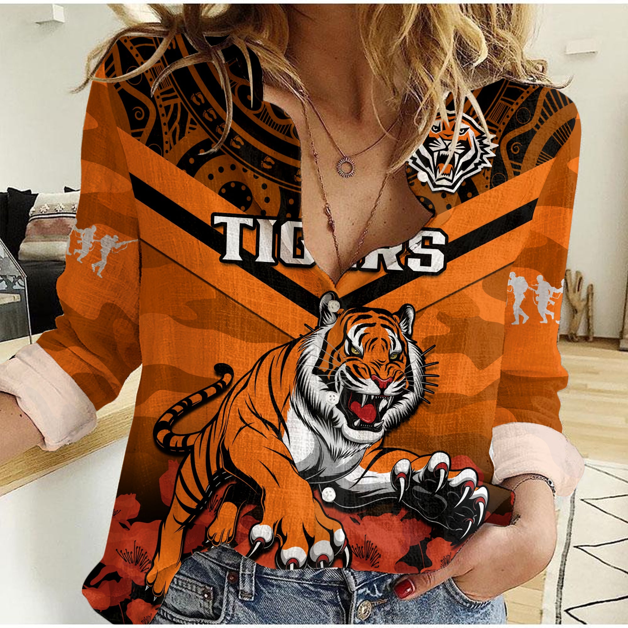 custom-text-and-number-tigers-rugby-anzac-2023-rugby-women-casual-shirt-camouflage-mix-indigenous