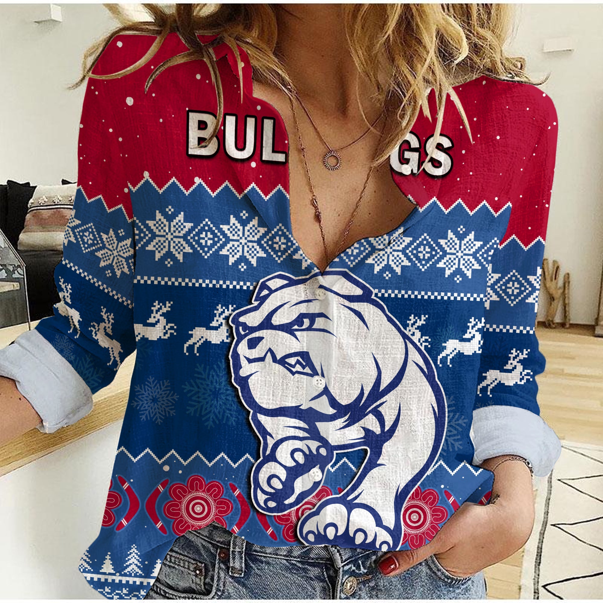 western-bulldogs-football-women-casual-shirt-dogs-indigenous-merry-christmas