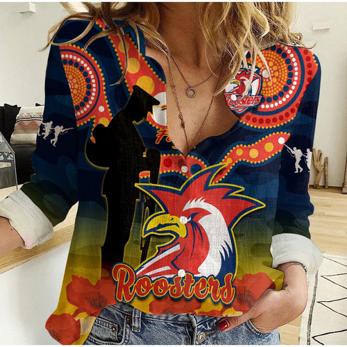 custom-text-and-number-roosters-rugby-anzac-2023-women-casual-shirt-dots-poppy-mix-camouflage-lest-we-forget