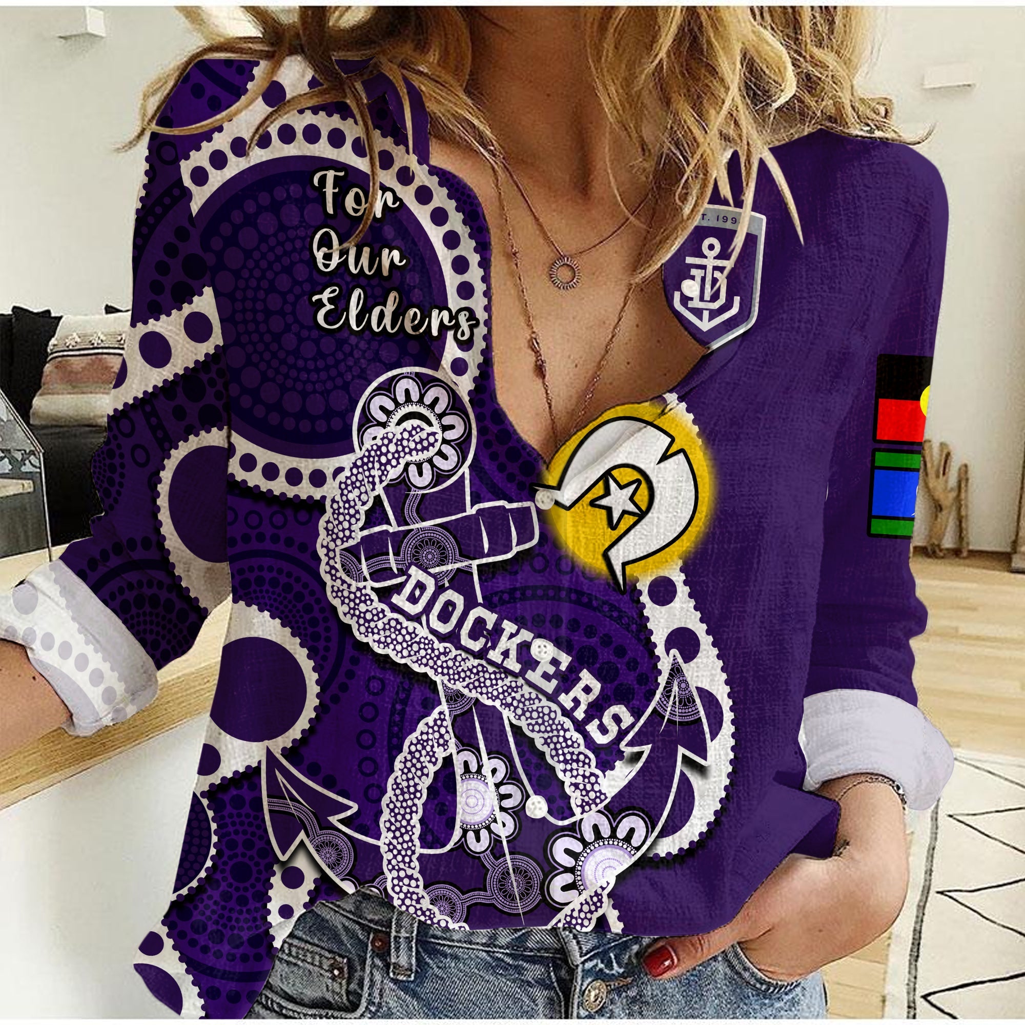 custom-text-and-number-fremantle-football-naidoc-2023-women-casual-shirt-dockers-for-our-elders-indigenous-art