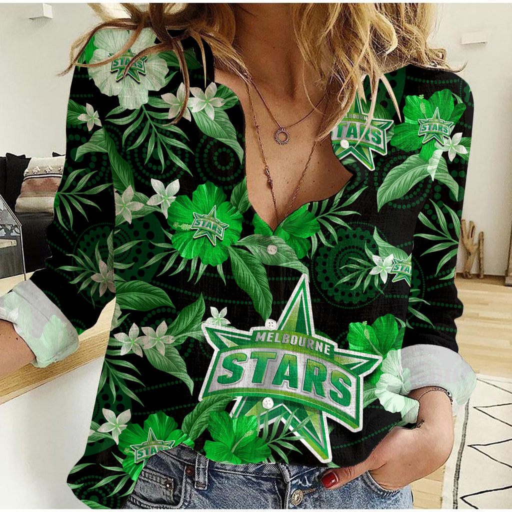 melbourne-stars-cricket-women-casual-shirt-aboriginal-art-mix-tropical-flowers