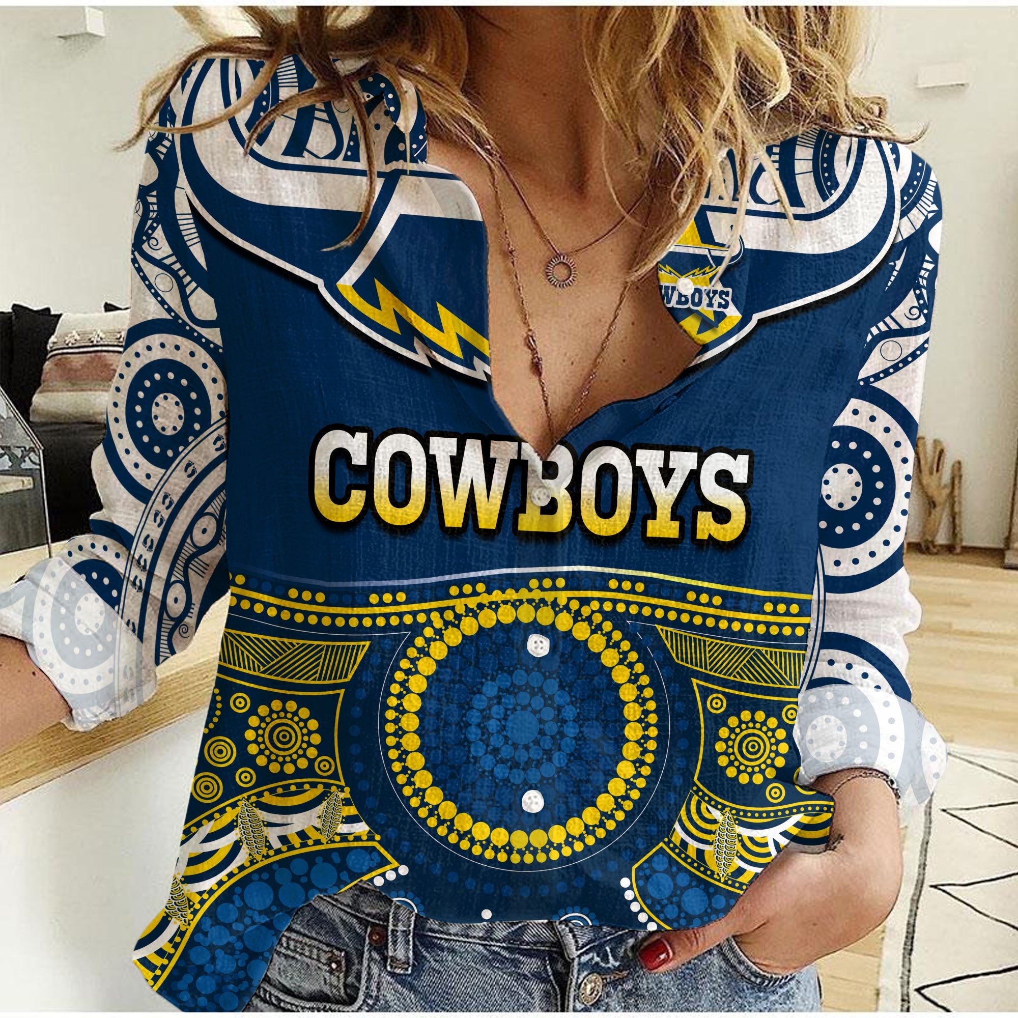 custom-text-and-number-cowboys-rugby-women-casual-shirt-aboriginal-art