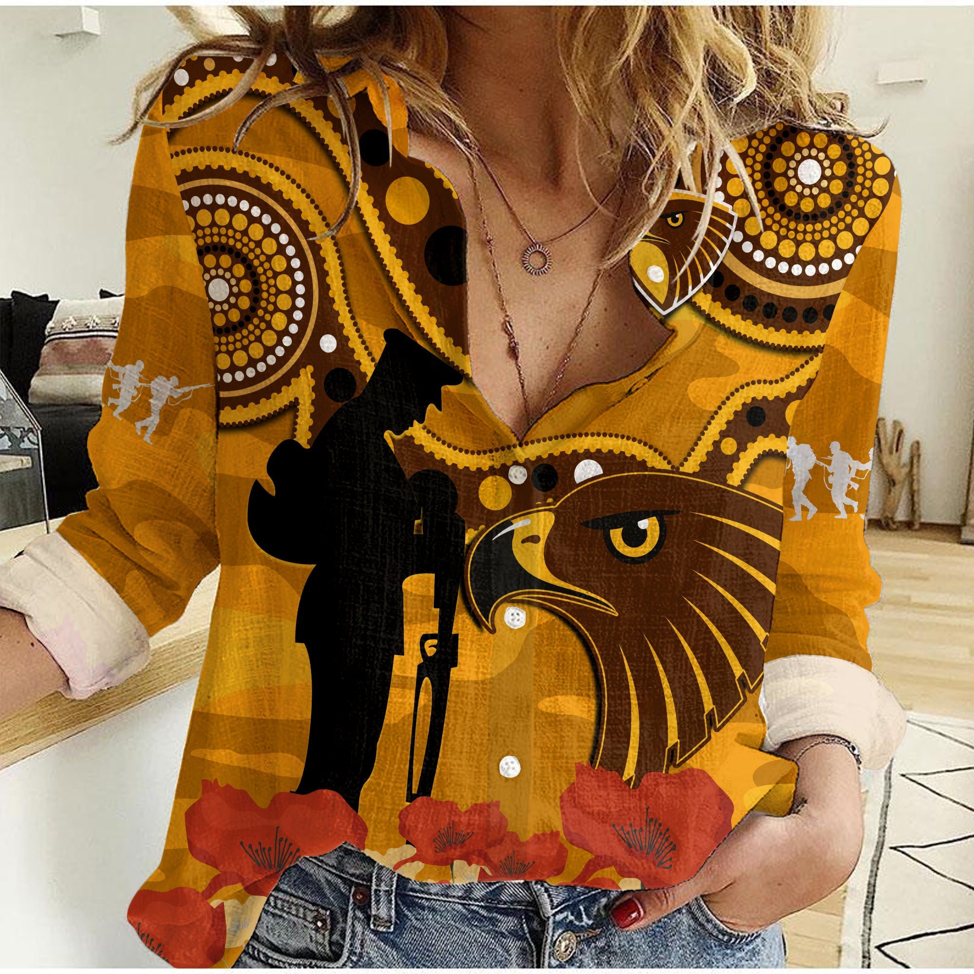 custom-text-and-number-hawks-football-anzac-2023-women-casual-shirt-indigenous-mix-poppy-camouflage