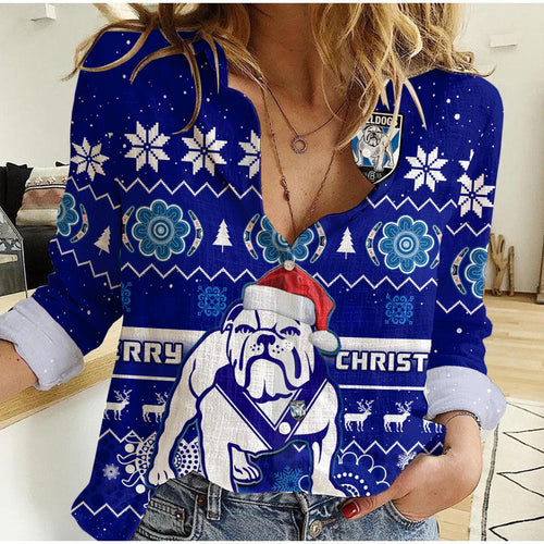 custom-personalised-bulldogs-rugby-christmas-women-casual-shirt-berries-merry-xmas-aboriginal-art