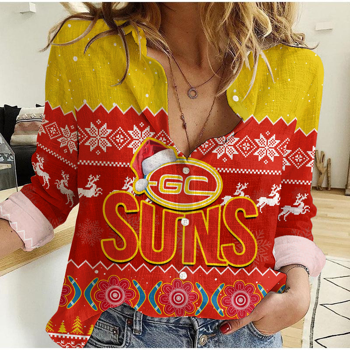 custom-personalised-gold-coast-football-women-casual-shirt-suns-aboriginal-merry-christmas