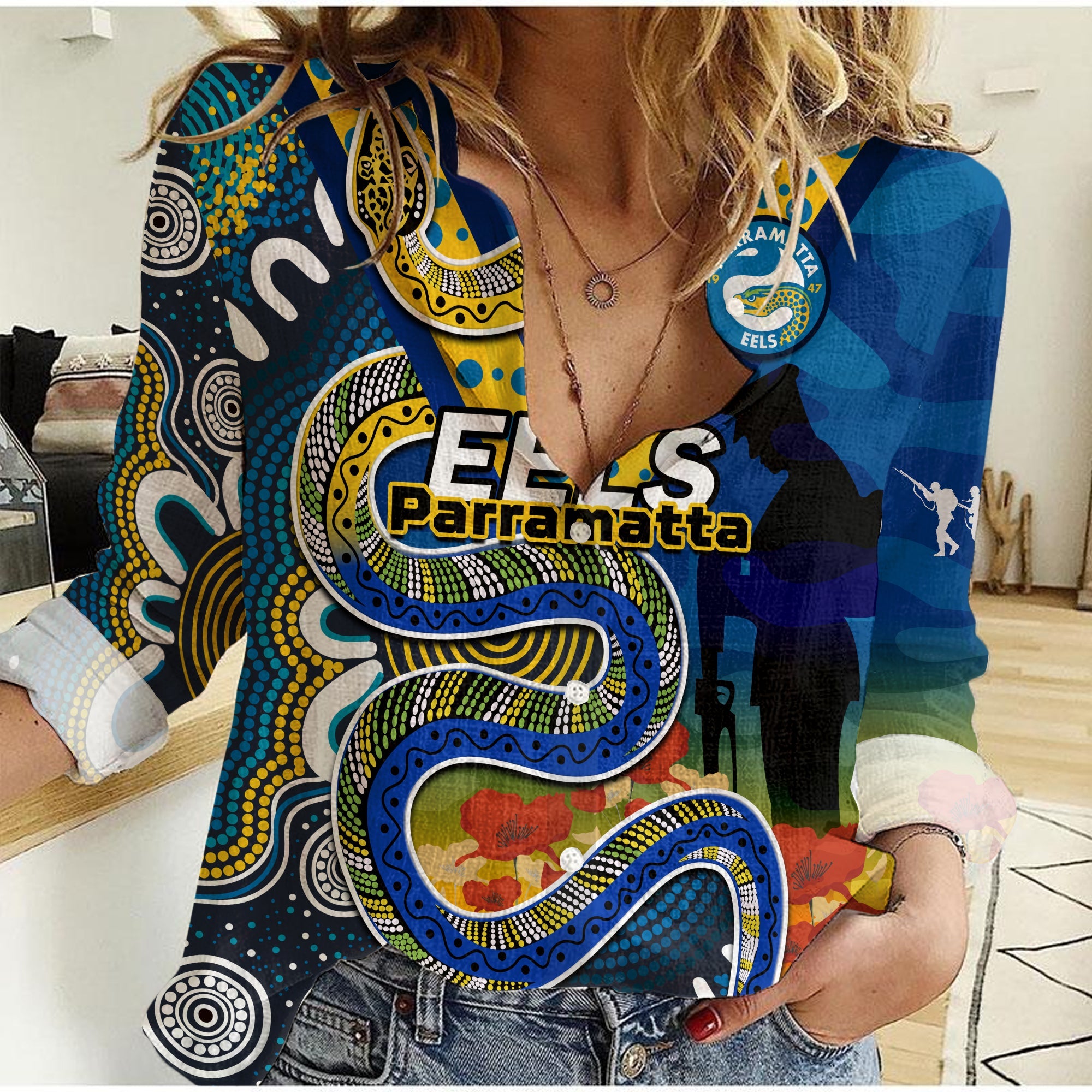 custom-text-and-number-eels-rugby-anzac-2023-women-casual-shirt-aboriginal-mix-poppy-lest-we-forget