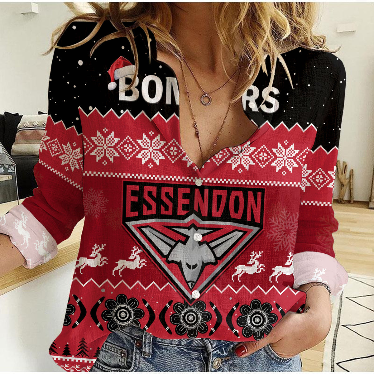 custom-personalised-essendon-football-women-casual-shirt-bombers-indigenous-merry-christmas