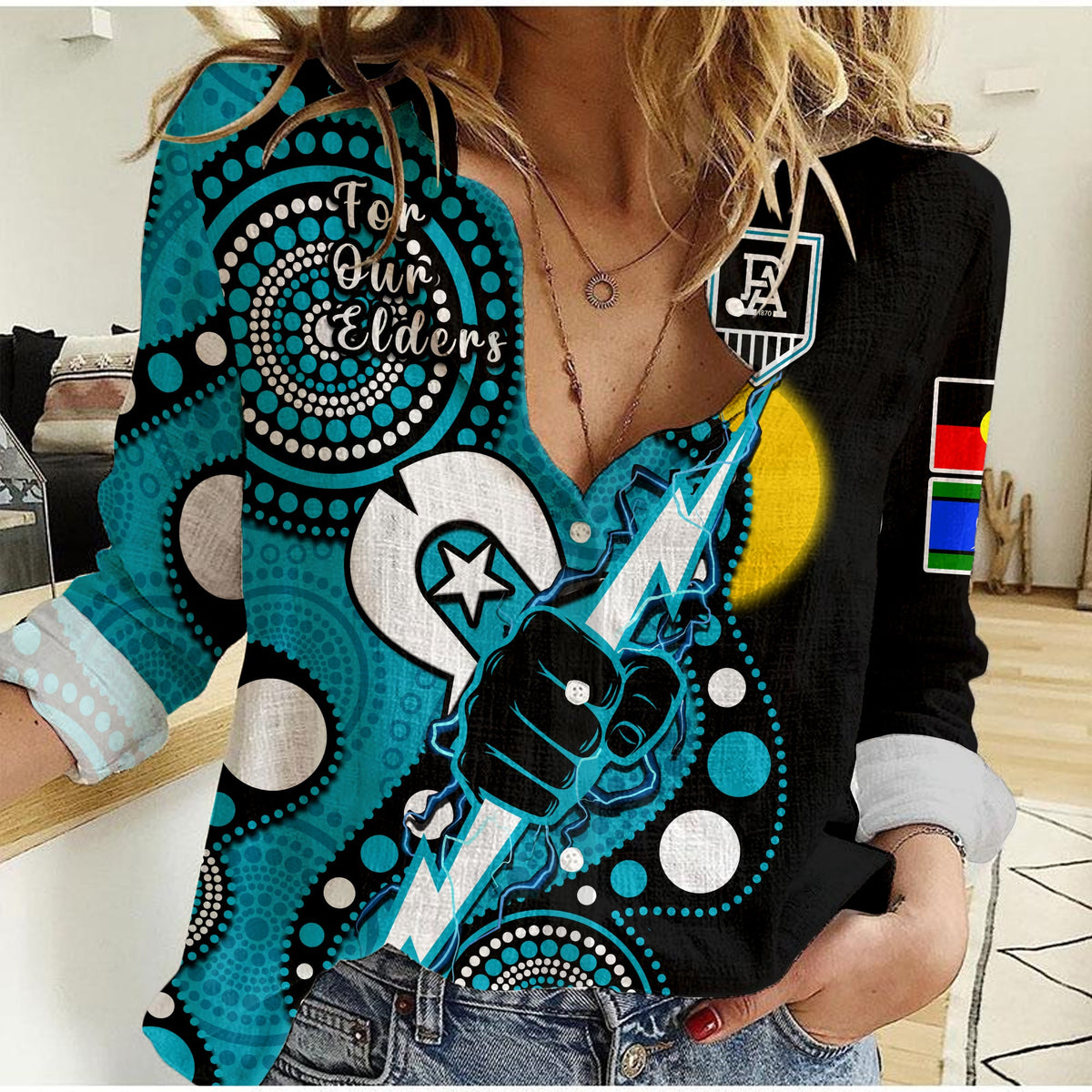 port-adelaide-football-naidoc-2023-women-casual-shirt-for-our-elders-indigenous-art