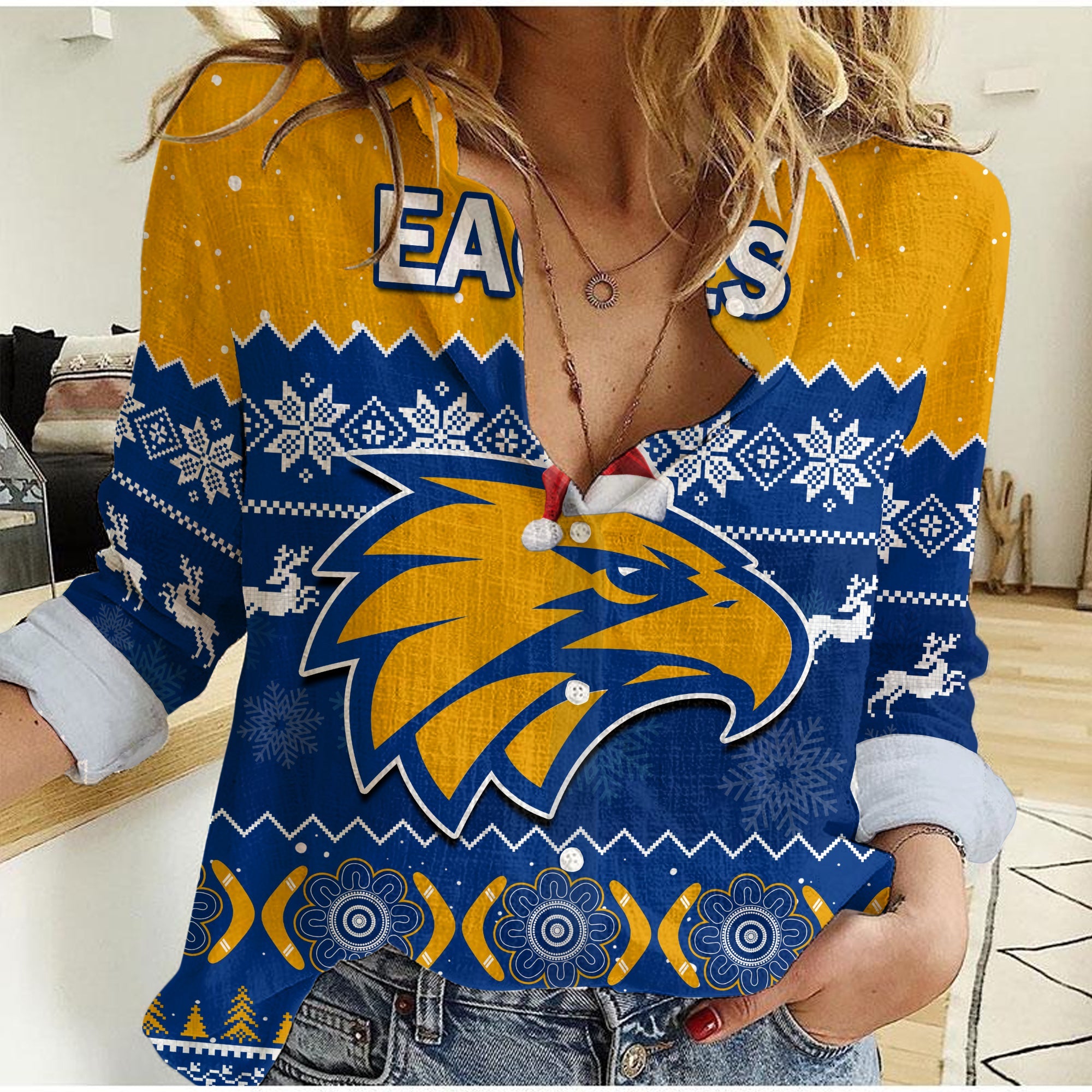 custom-personalised-west-coast-football-women-casual-shirt-eagles-indigenous-merry-christmas