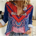 bulldogs-football-women-casual-shirt-western-doggies-aboriginal-art