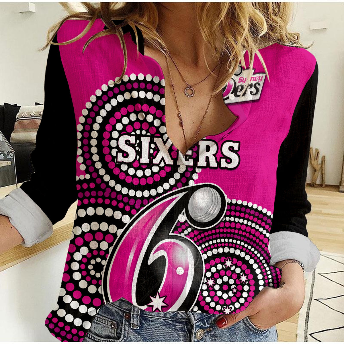 custom-text-and-number-sydney-sixers-cricket-women-casual-shirt-champions-bbl12-proud-indigenous-art