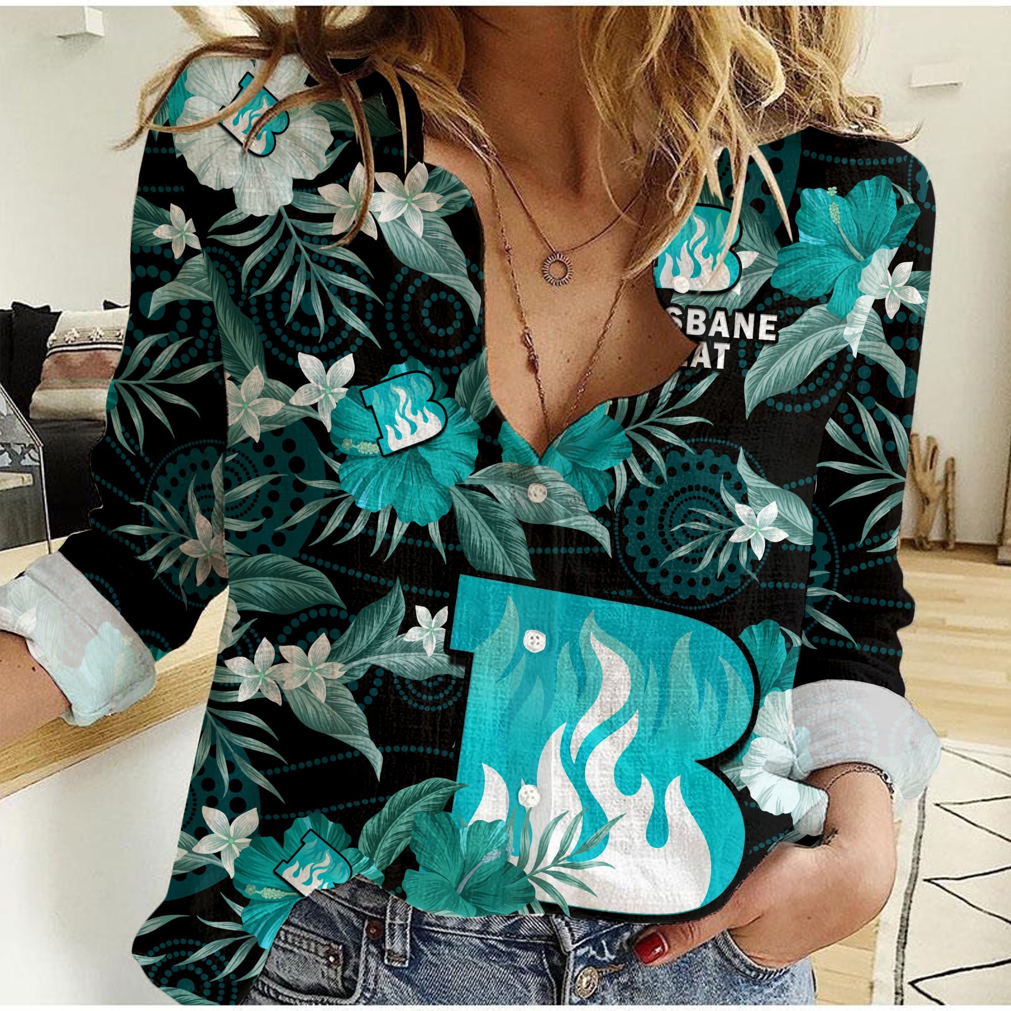 custom-text-and-number-brisbane-heat-cricket-women-casual-shirt-aboriginal-art-mix-tropical-flowers