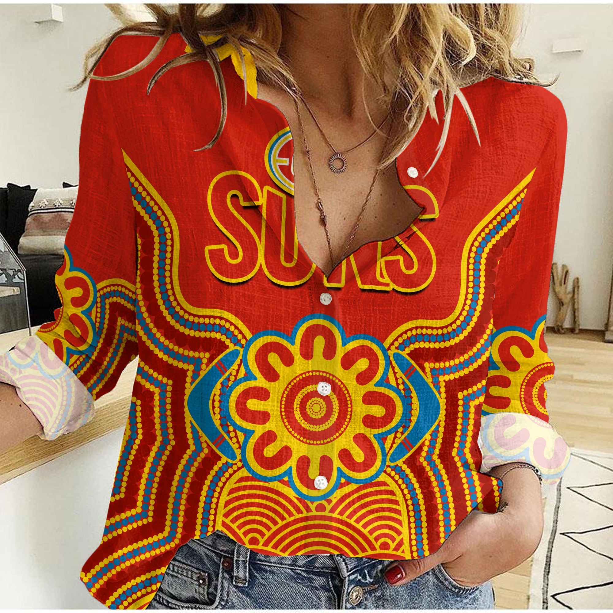 custom-text-and-number-gold-coast-football-women-casual-shirt-suns-indigenous-pattern