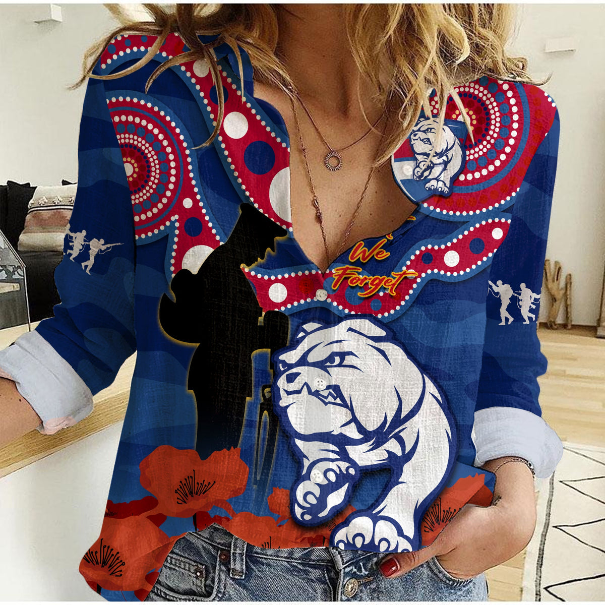 western-bulldogs-football-anzac-2023-women-casual-shirt-doggies-aboriginal-mix-poppy-camouflage