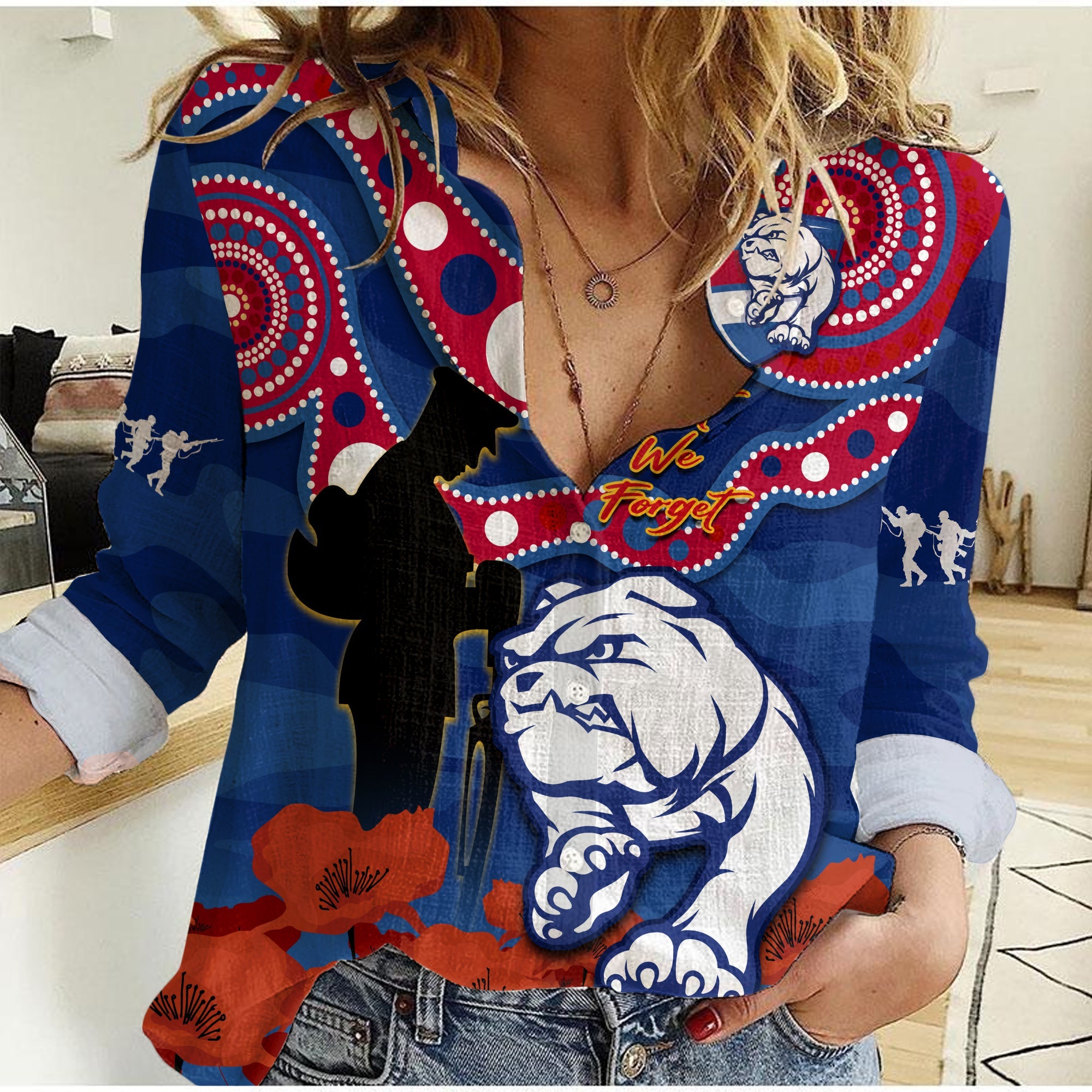 western-bulldogs-football-anzac-2023-women-casual-shirt-doggies-aboriginal-mix-poppy-camouflage