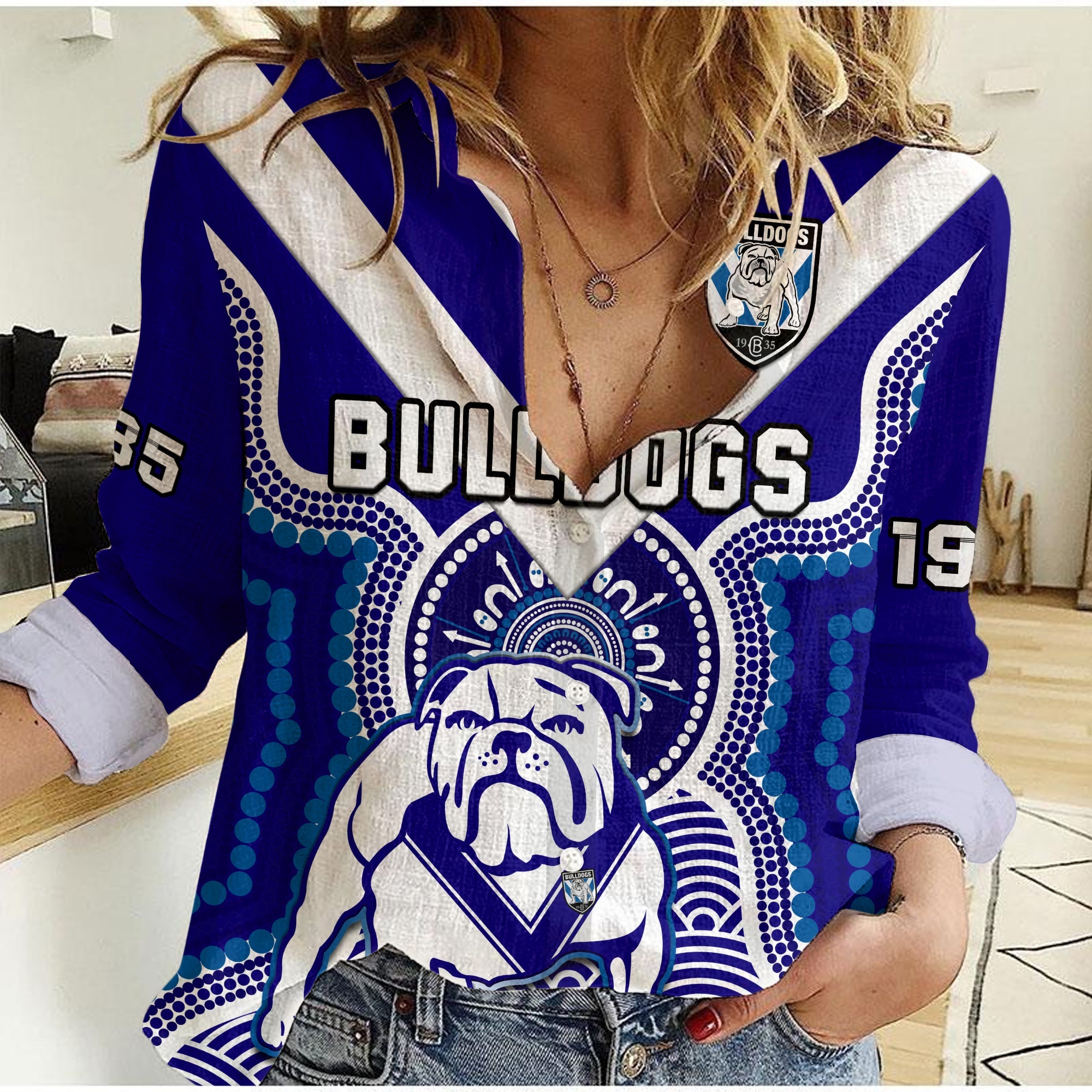 custom-text-and-number-bulldogs-rugby-women-casual-shirt-canterbury-bankstown-1935-indigenous-artsy