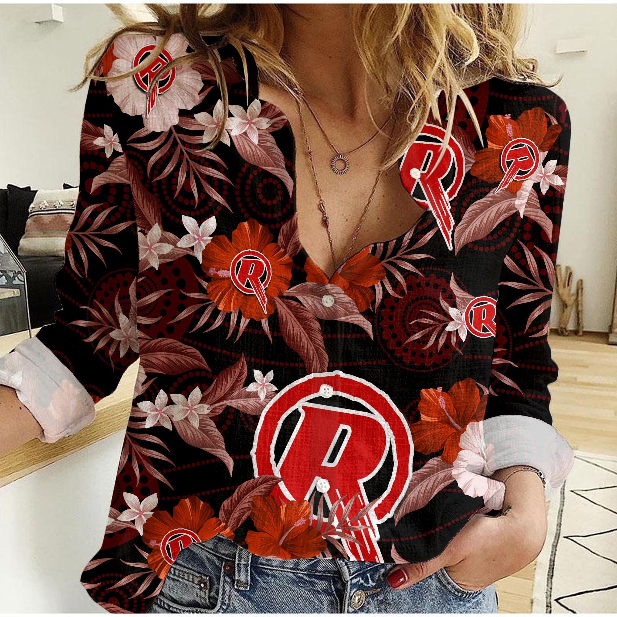 custom-text-and-number-melbourne-renegades-cricket-women-casual-shirt-aboriginal-art-mix-tropical-flowers