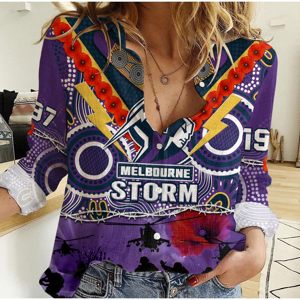 custom-text-and-number-melbourne-storm-rugby-anzac-women-casual-shirt-indigenous-poppy-australian-army