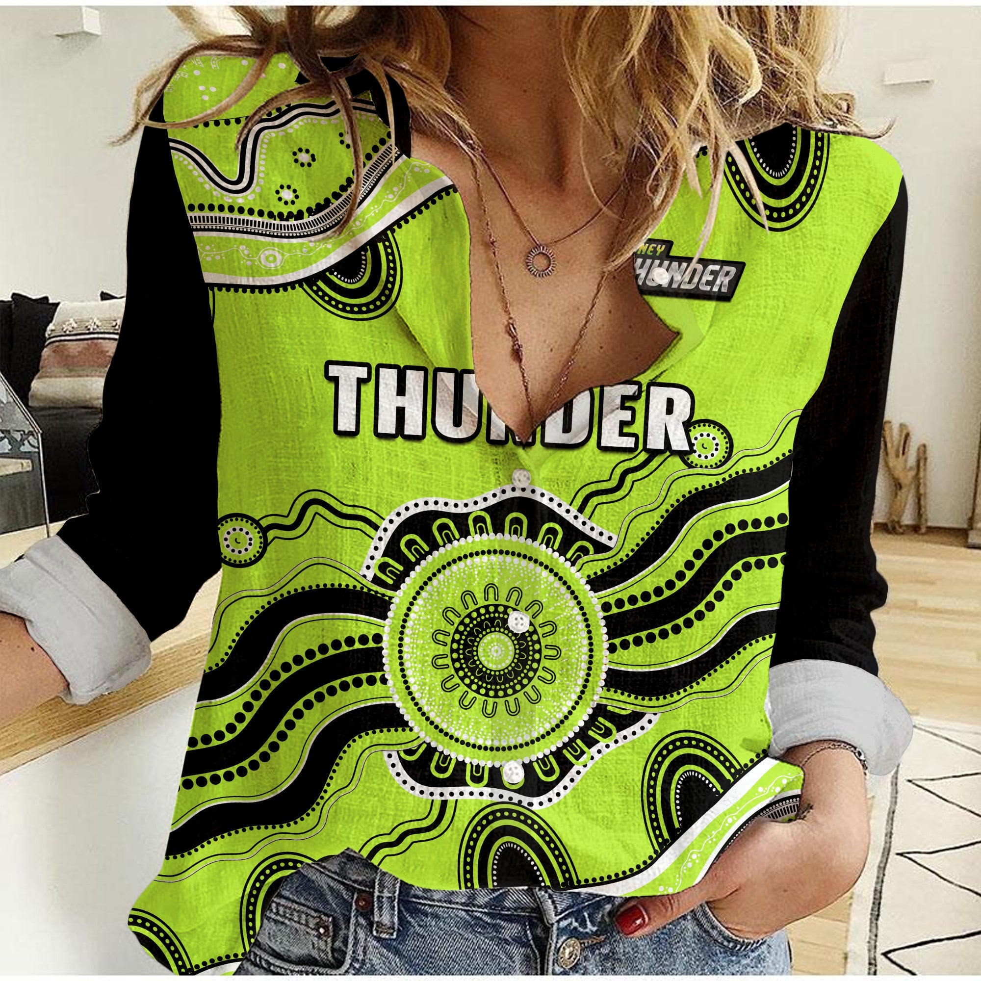 custom-text-and-number-thunder-cricket-women-casual-shirt-sydney-aboriginal-painting