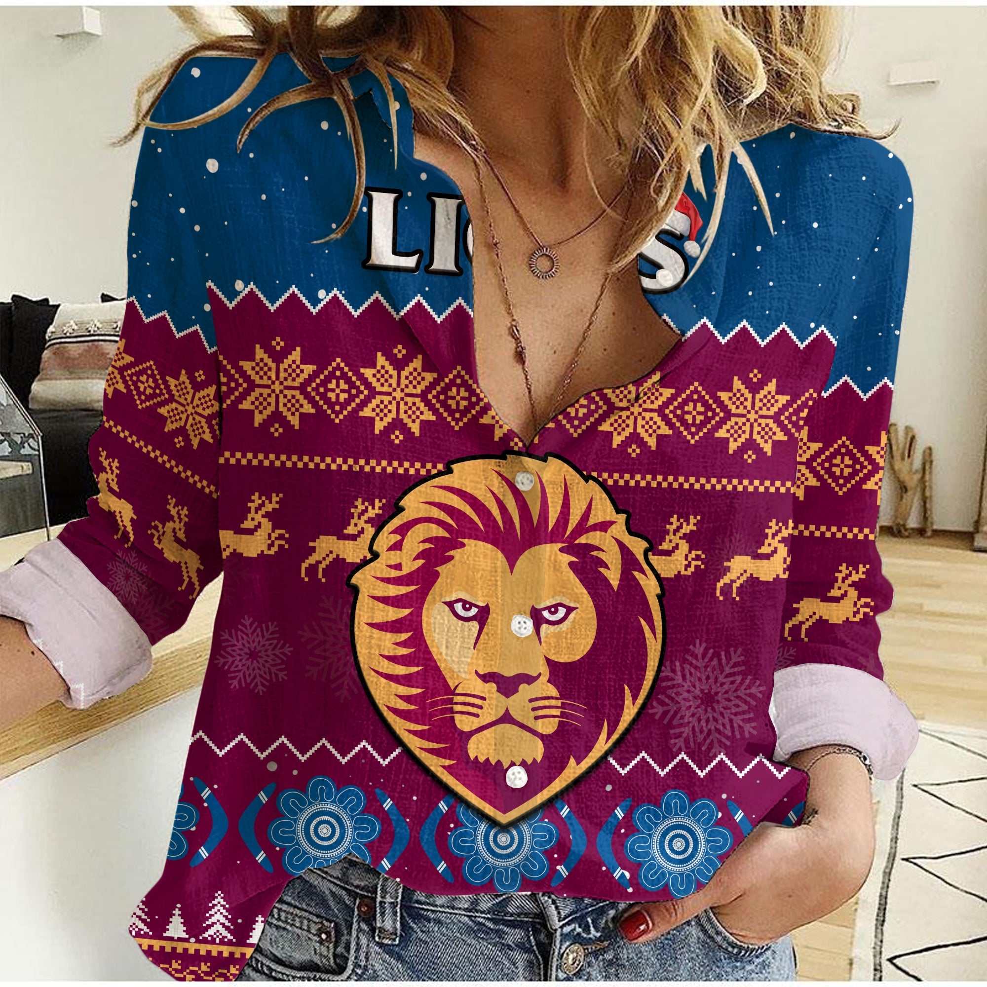 custom-personalised-brisbane-football-women-casual-shirt-lions-indigenous-merry-christmas