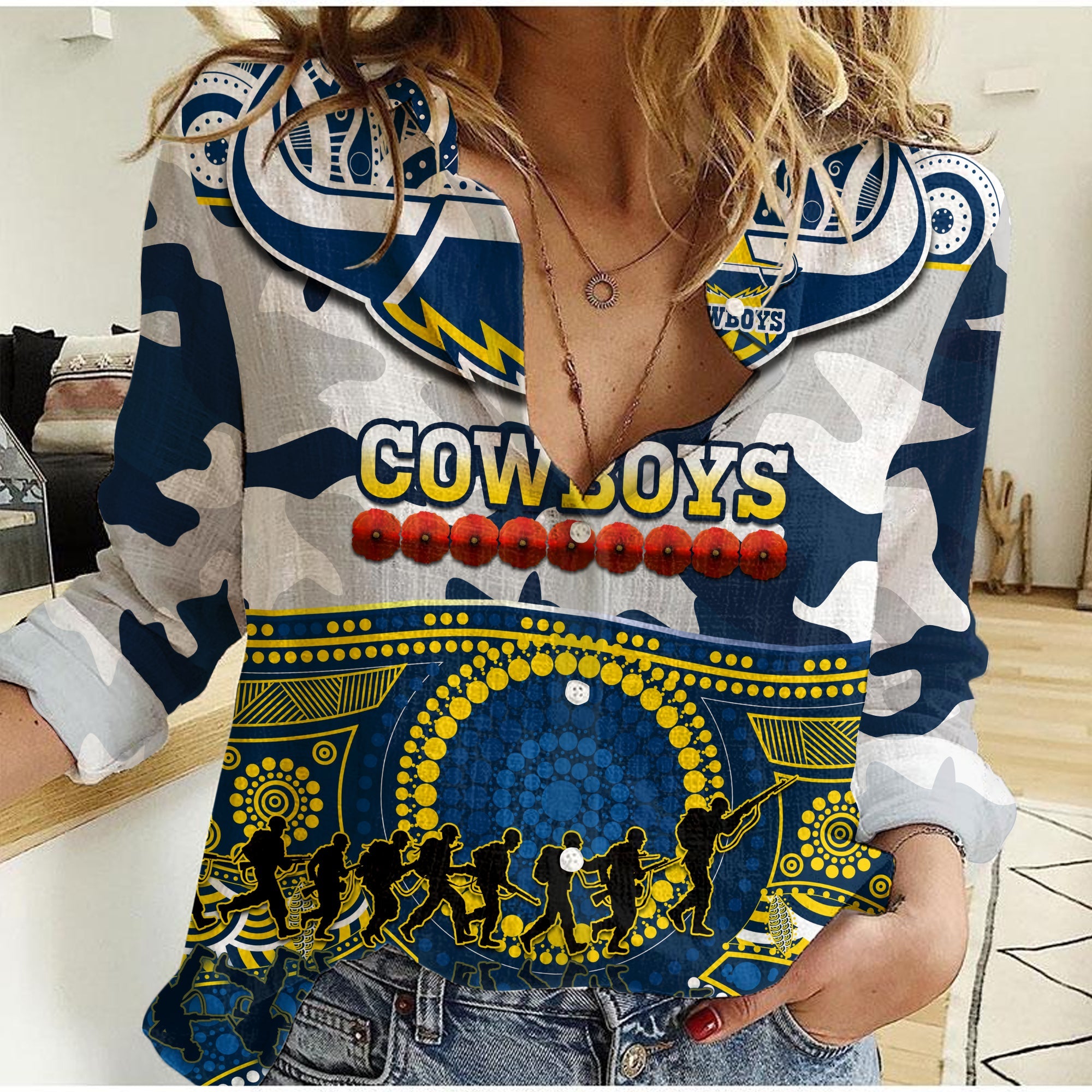 custom-text-and-number-cowboys-rugby-anzac-women-casual-shirt-indigenous-poppy-mix-camouflage