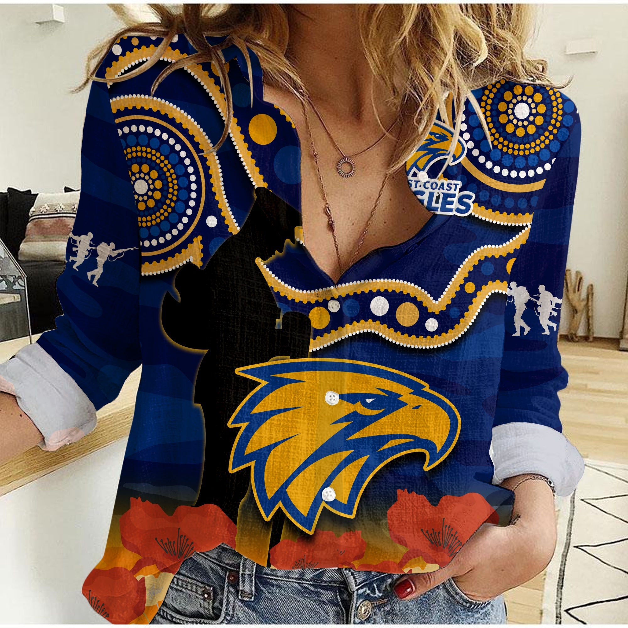 custom-text-and-number-eagles-football-anzac-2023-women-casual-shirt-west-coast-indigenous-mix-poppy-camouflage