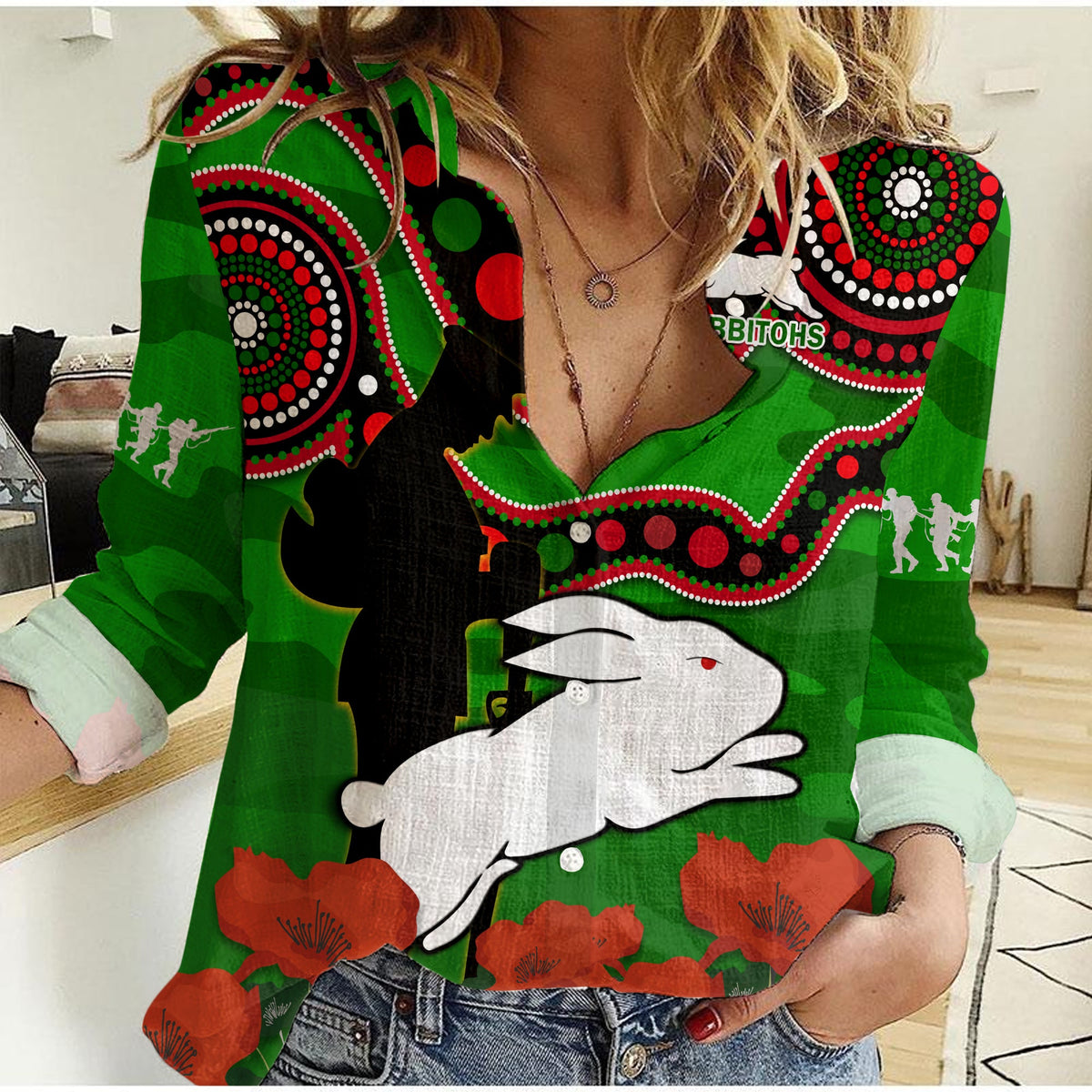 custom-text-and-number-rabbitohs-rugby-anzac-2023-women-casual-shirt-lest-we-forget