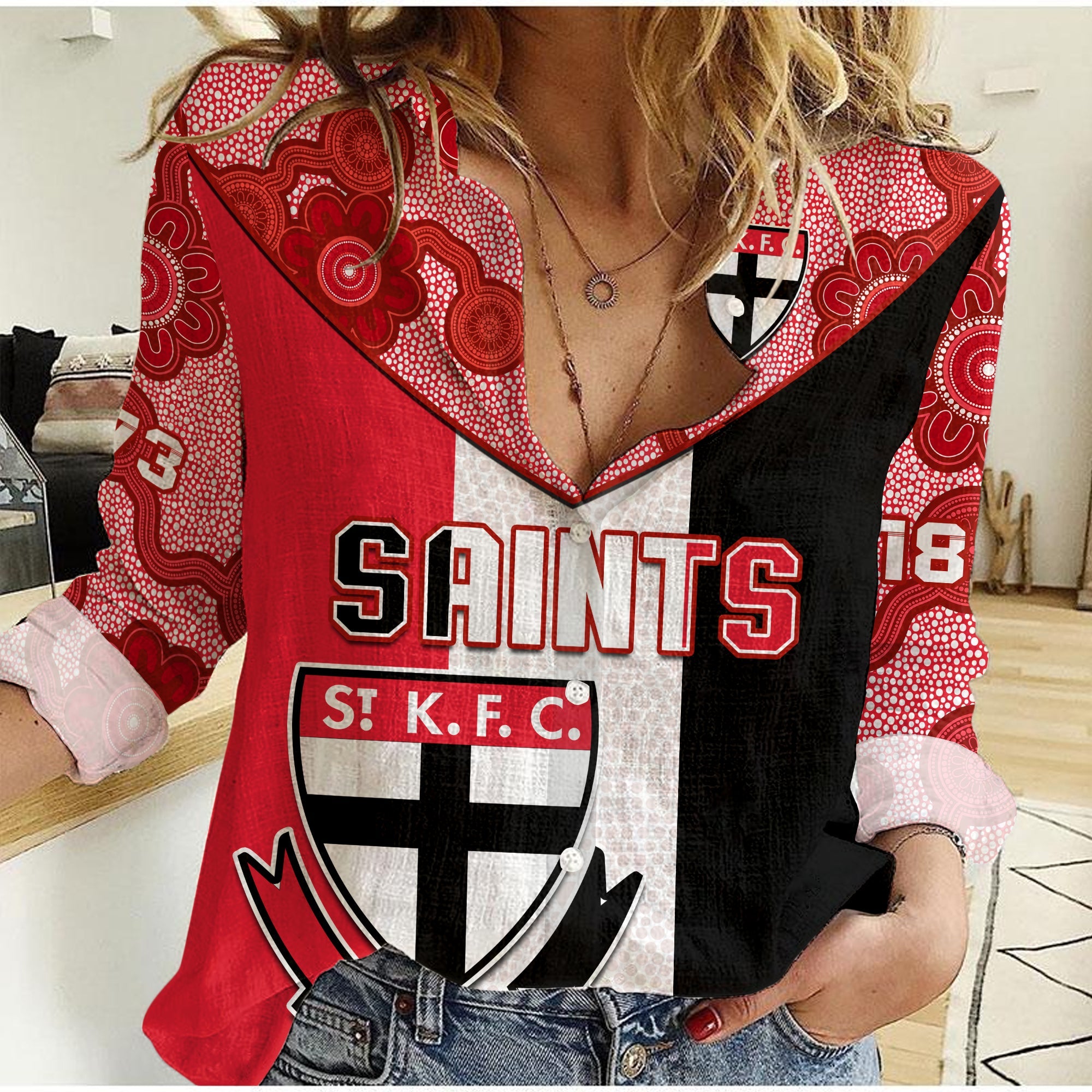 custom-text-and-number-saints-football-women-casual-shirt-st-kilda-1873-aboriginal-dot-painting