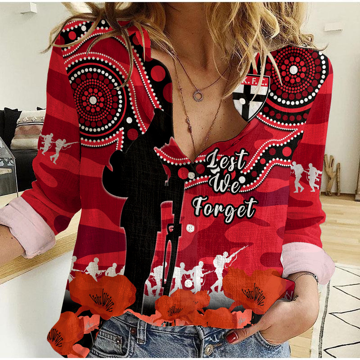 st-kilda-football-anzac-2023-women-casual-shirt-saints-aboriginal-mix-poppy-camouflage