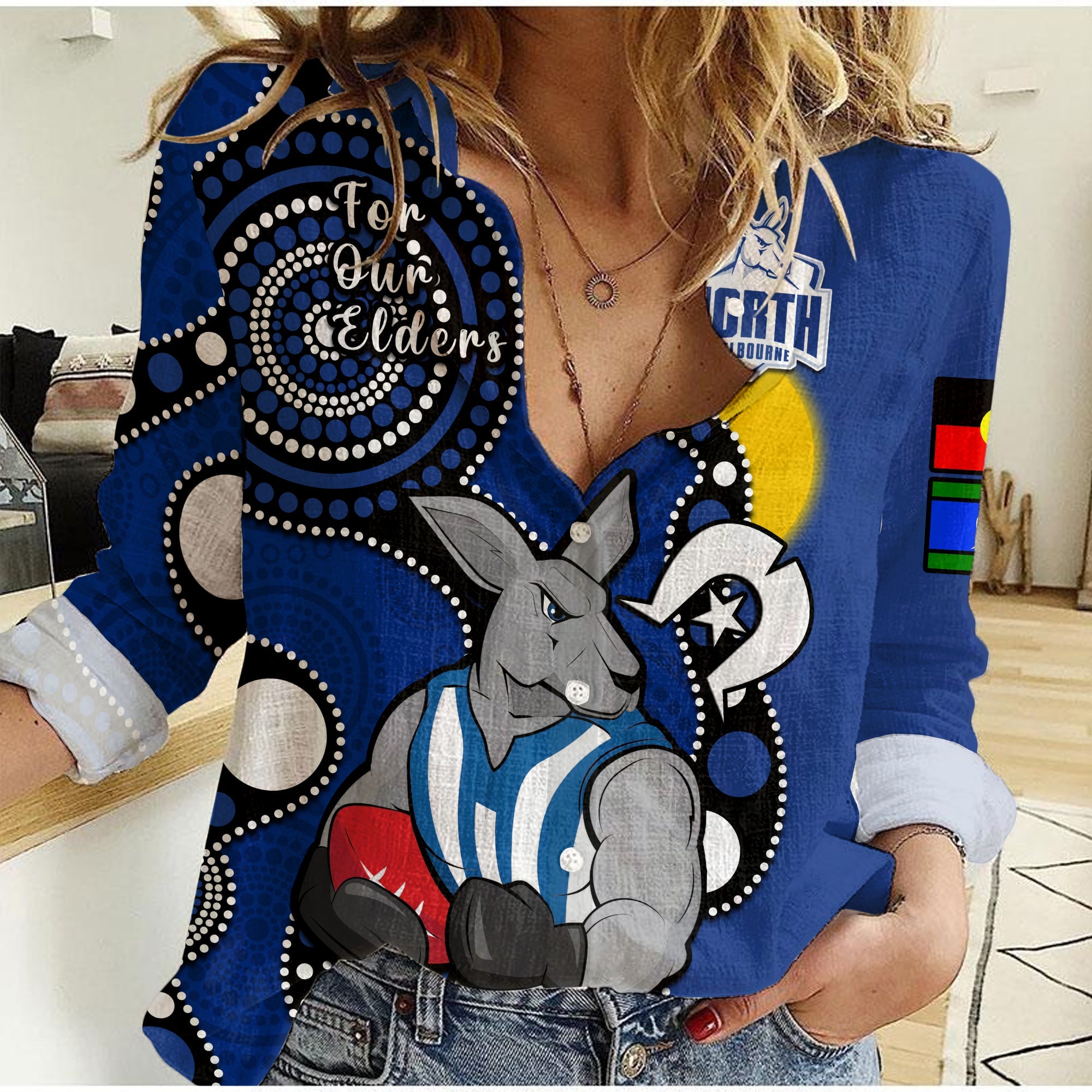 north-melbourne-football-naidoc-2023-women-casual-shirt-roos-for-our-elders-indigenous
