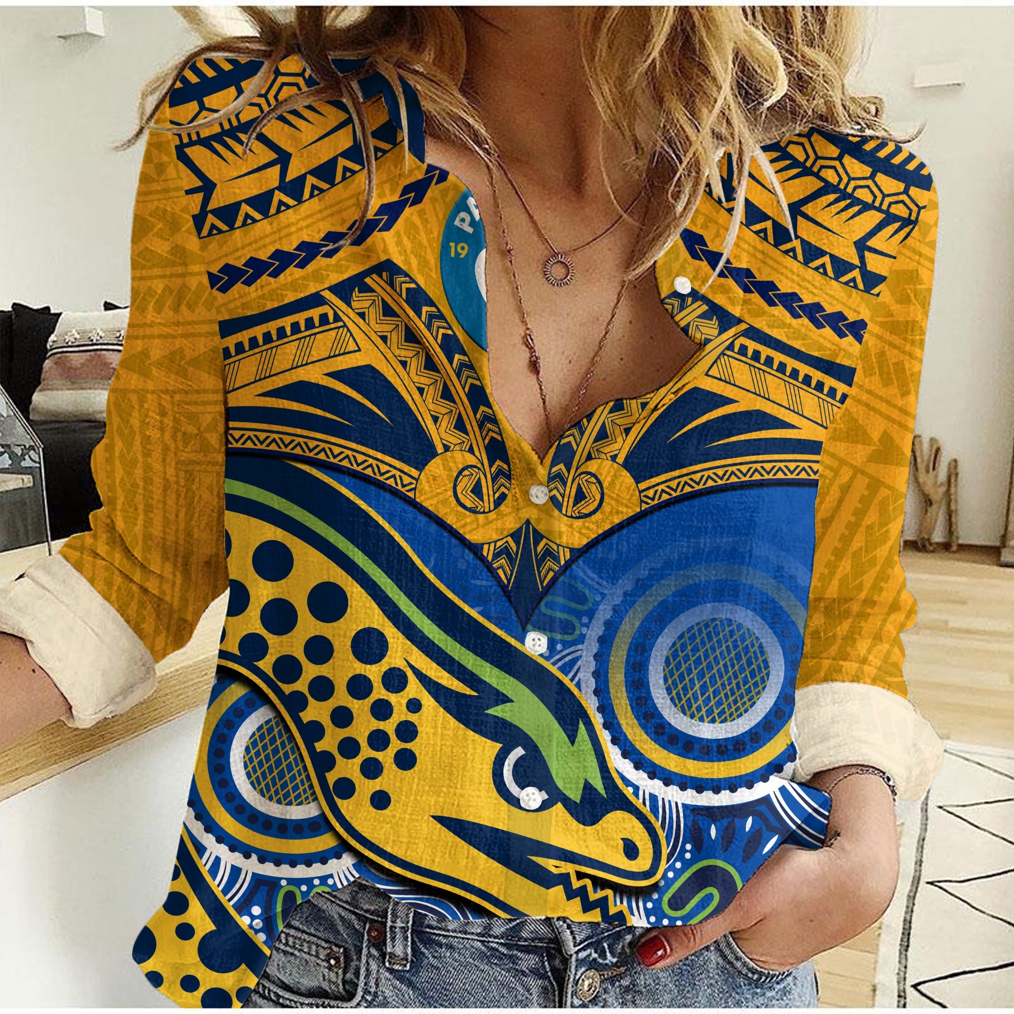 parramatta-rugby-2023-women-casual-shirt-go-eels-polynesian-mix-indigenous-art