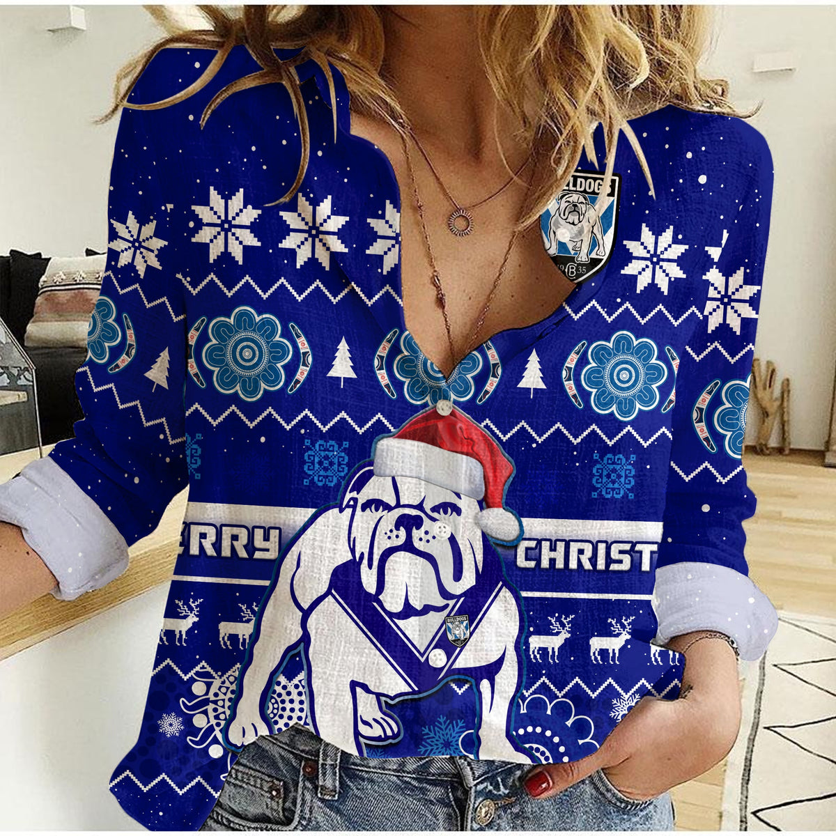 bulldogs-rugby-christmas-women-casual-shirt-berries-merry-xmas-aboriginal-art