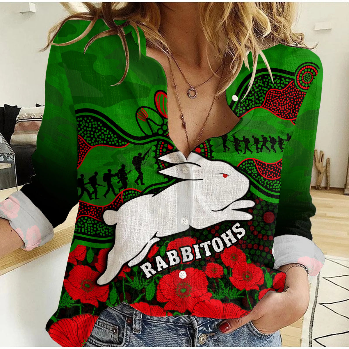 custom-text-and-number-rabbitohs-rugby-anzac-women-casual-shirt-south-sydney-camouflage-poppy-aboriginal
