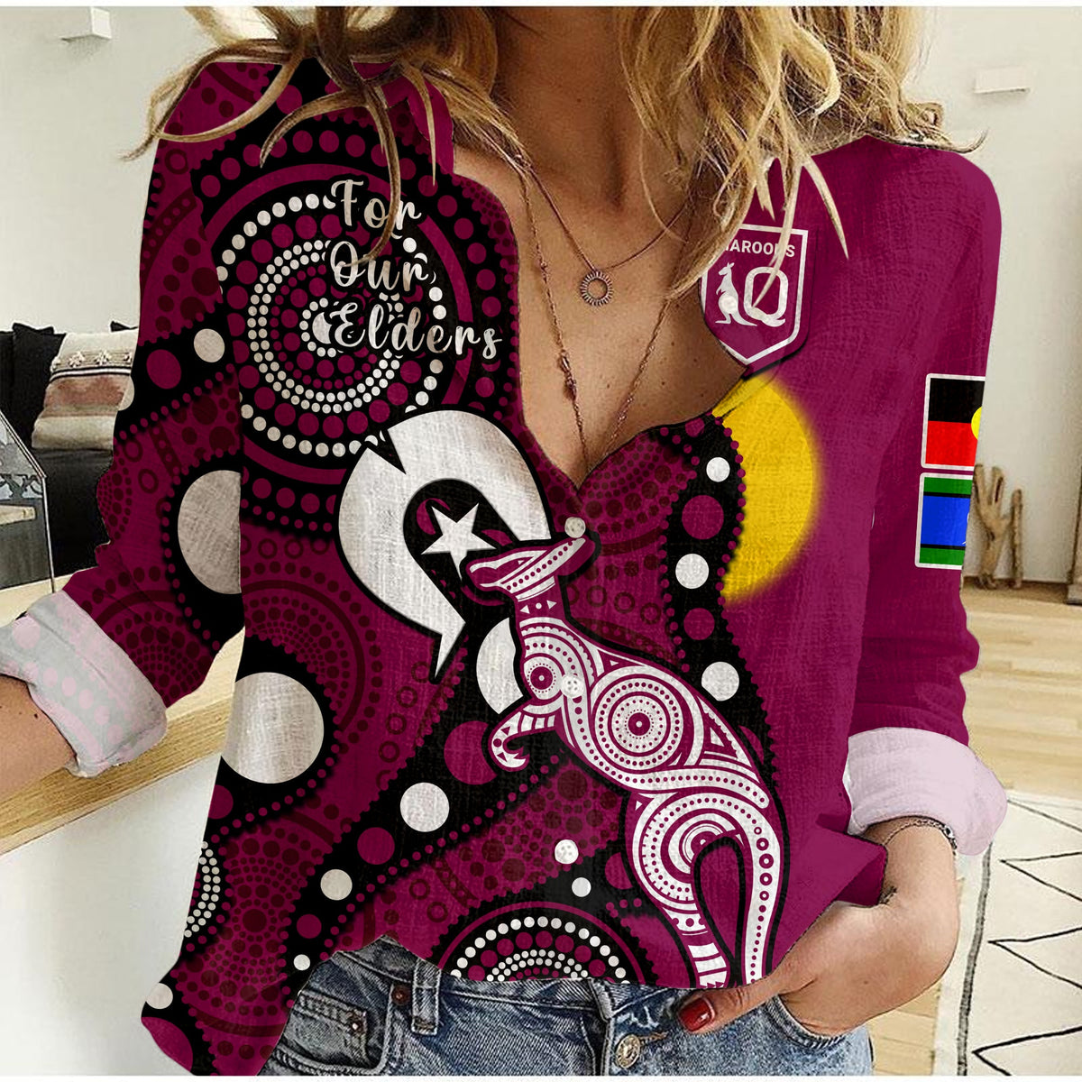 custom-text-and-number-maroons-rugby-naidoc-2023-women-casual-shirt-qld-for-our-elders-indigenous-art