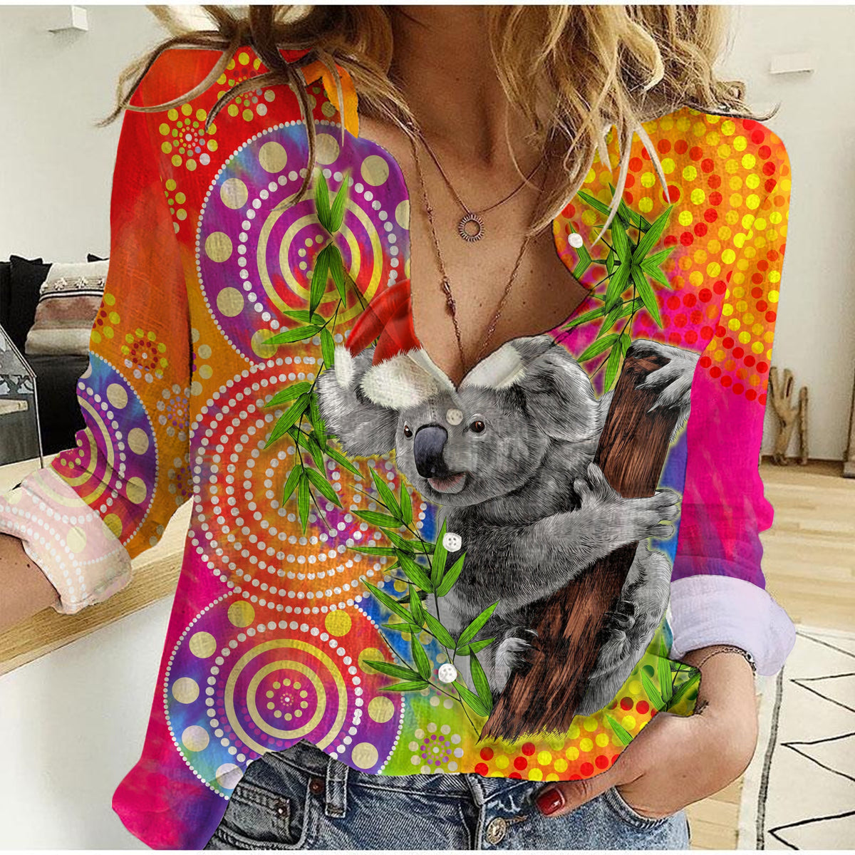 custom-personalised-australia-koala-aboriginal-women-casual-shirt-rainbow-tie-dye-merry-christmas