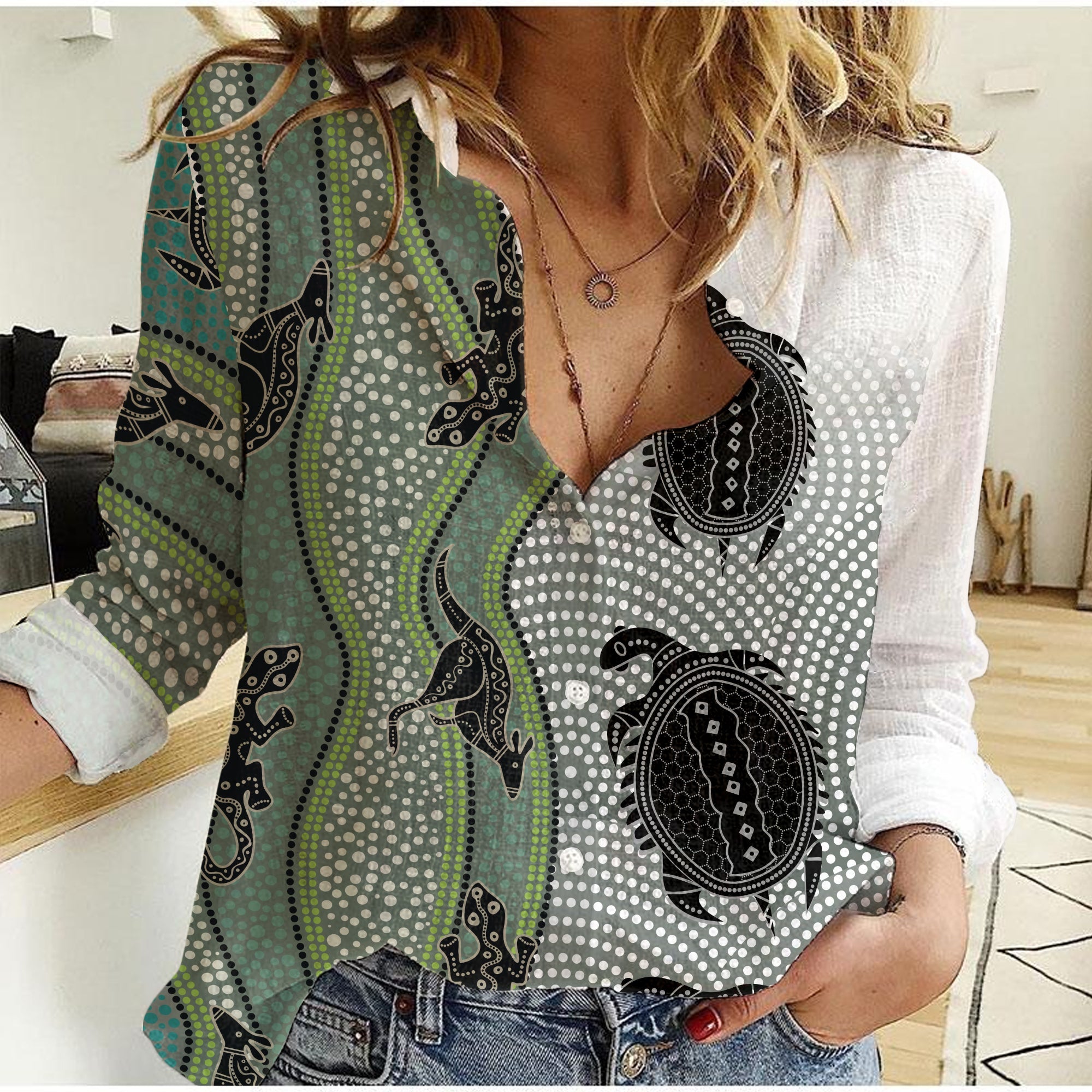 custom-text-and-number-aboriginal-with-kangaroo-lizard-turtle-and-dotted-crooked-stripes-pattern-women-casual-shirt