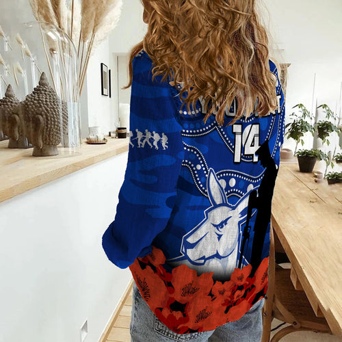 custom-text-and-number-north-melbourne-football-anzac-2023-women-casual-shirt-kangaroos-aboriginal-mix-poppy-camouflage