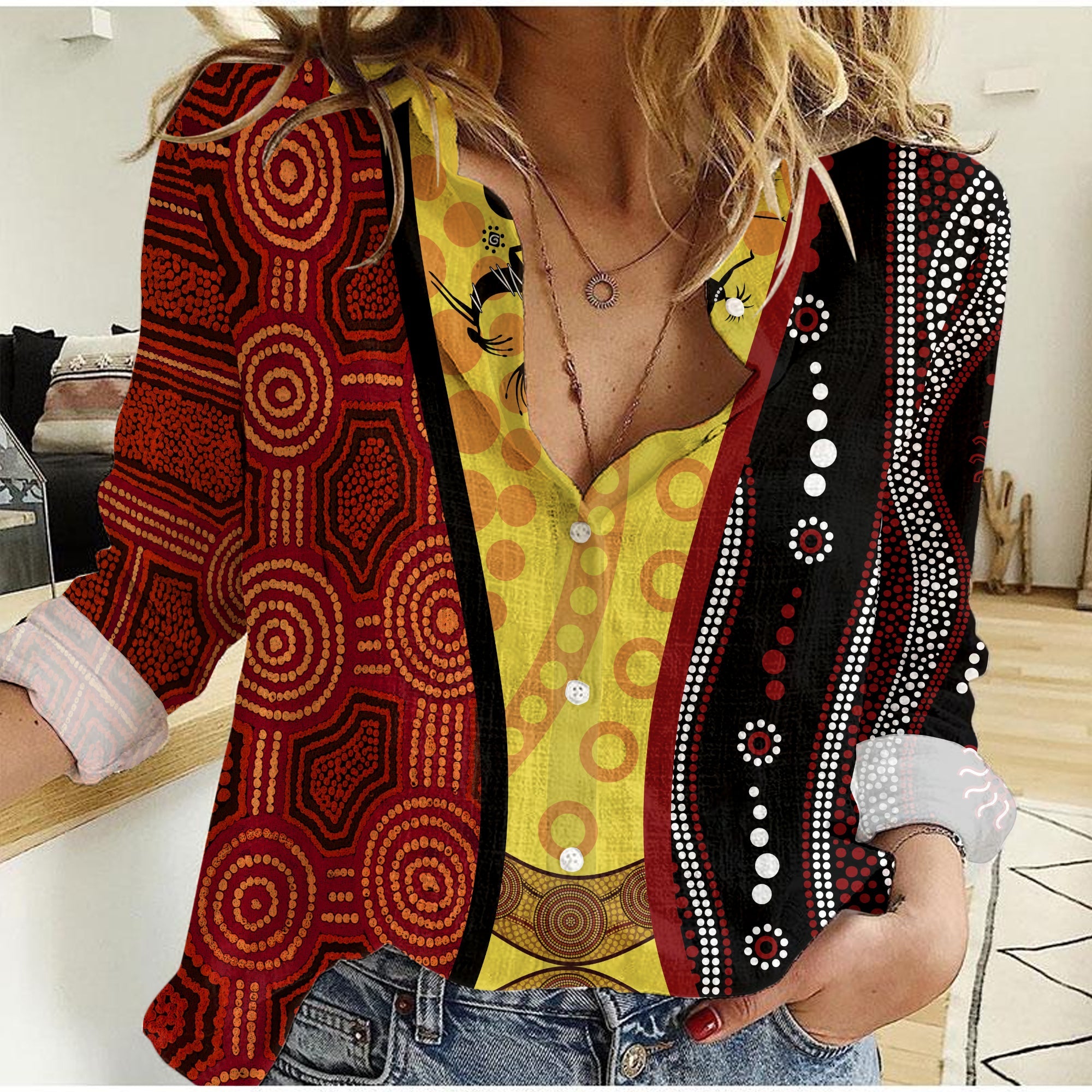 aboriginal-koori-dot-acrylic-paint-and-dreamtime-dance-women-casual-shirt