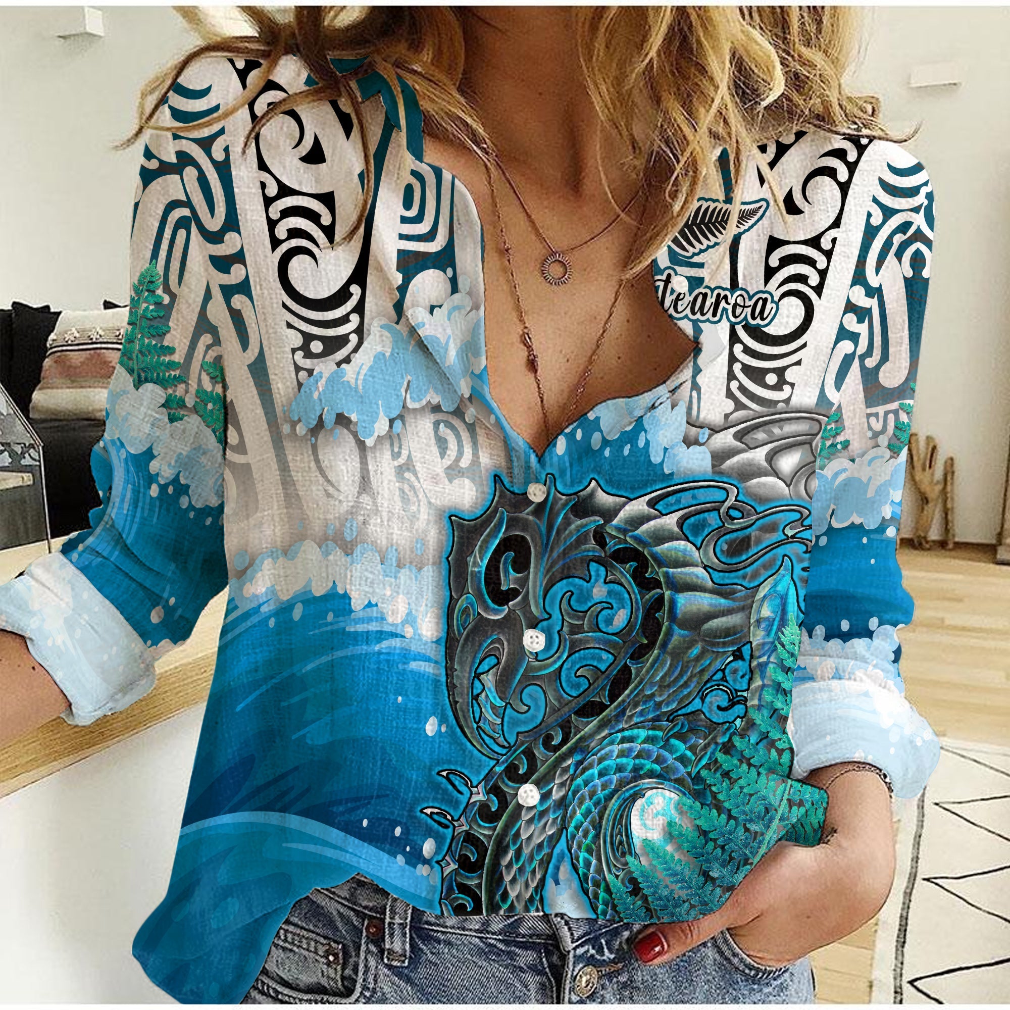 custom-personalised-manaia-maori-women-casual-shirt-fern-aotearoa-blue-waves