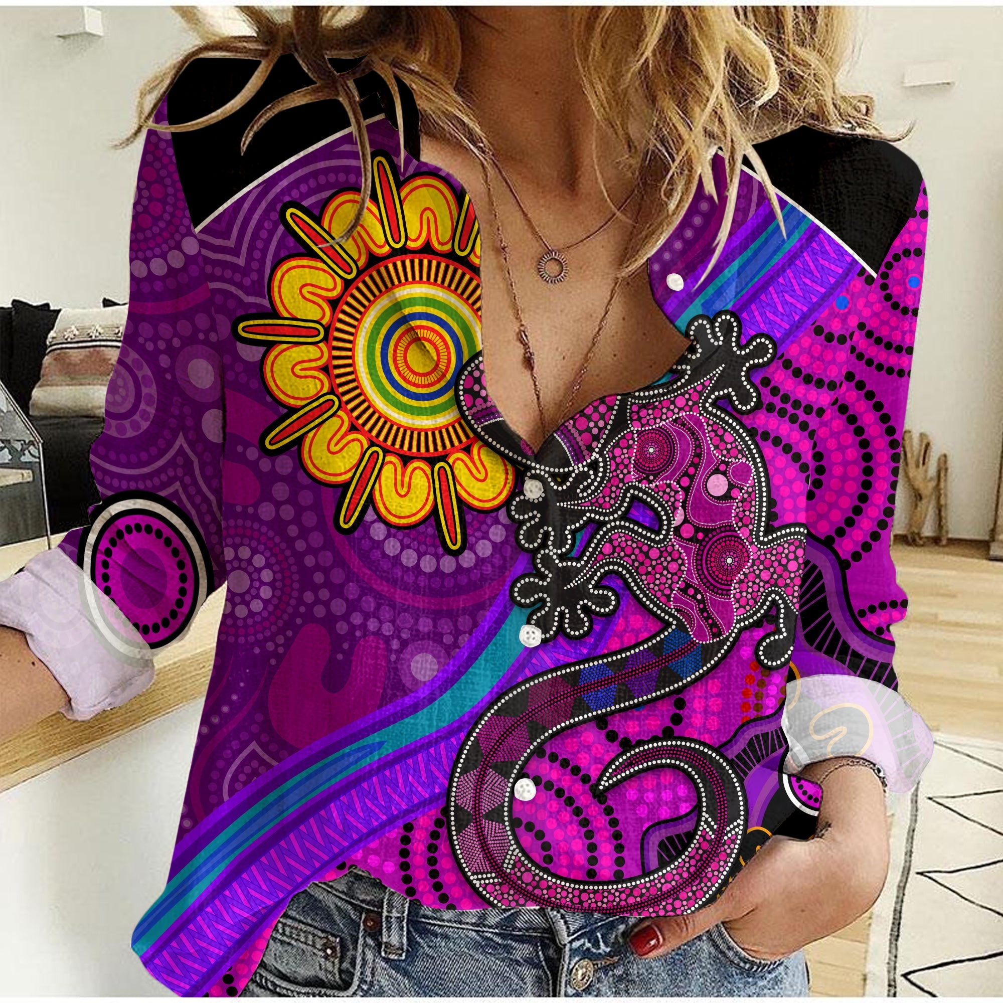 custom-text-and-number-australia-lizard-and-sun-women-casual-shirt-aboriginal-art-purple