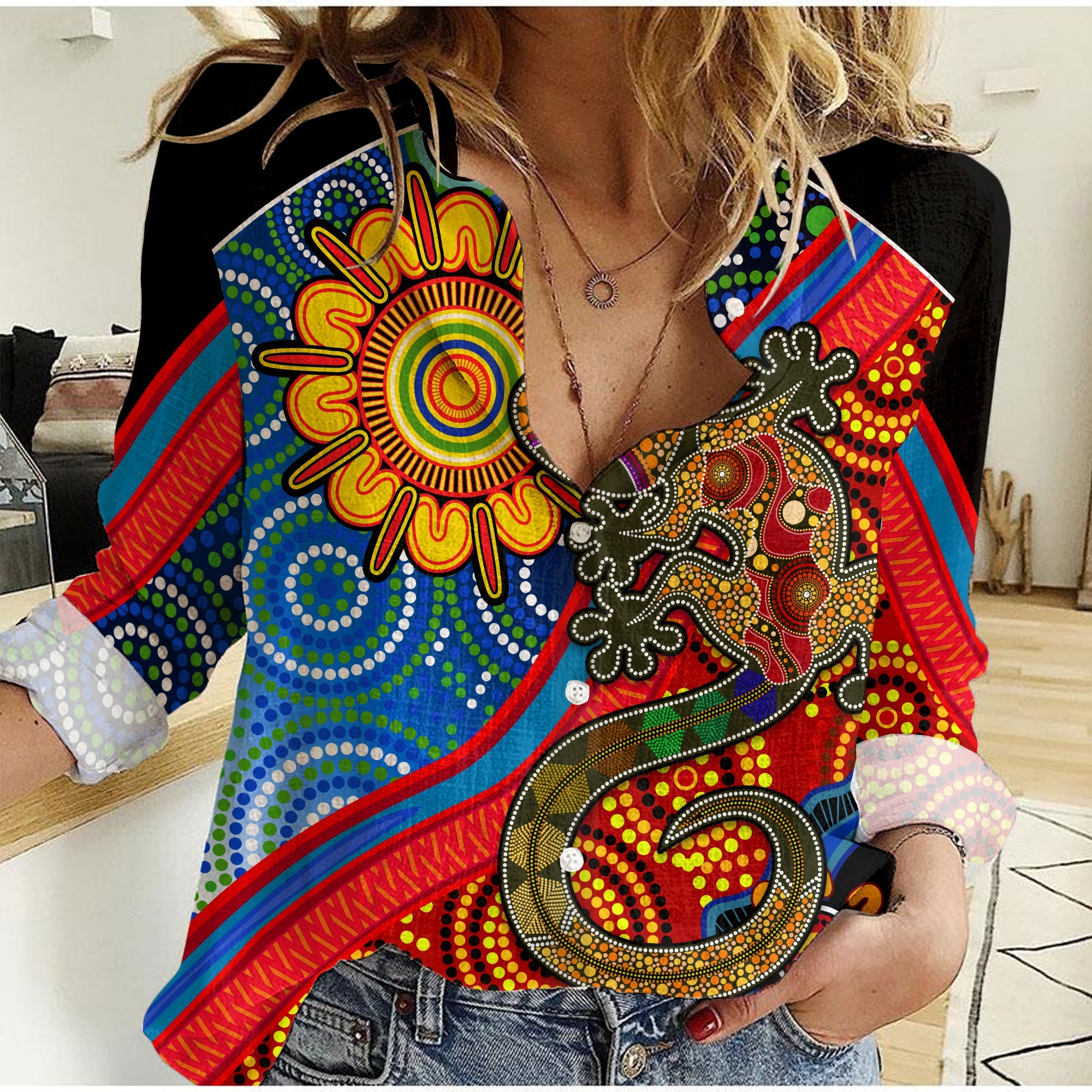 custom-text-and-number-australia-lizard-and-sun-women-casual-shirt-aboriginal-art-speical