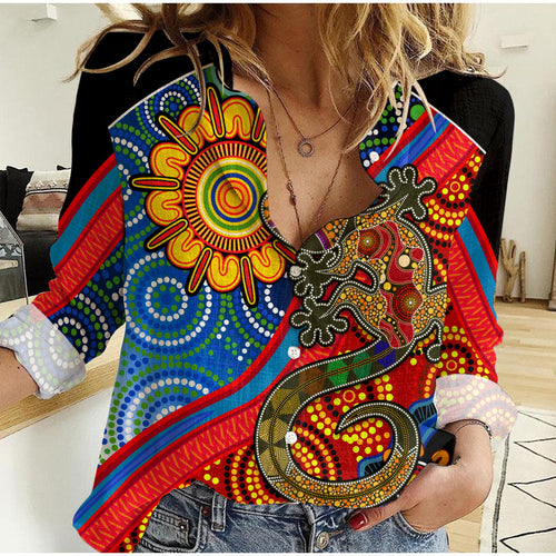 custom-text-and-number-australia-lizard-and-sun-women-casual-shirt-aboriginal-art-speical