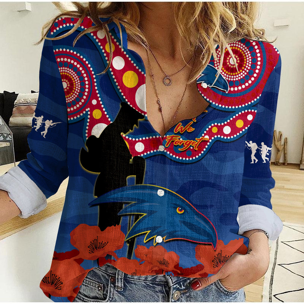 custom-text-and-number-adelaide-football-anzac-2023-women-casual-shirt-crows-aboriginal-mix-poppy-camouflage