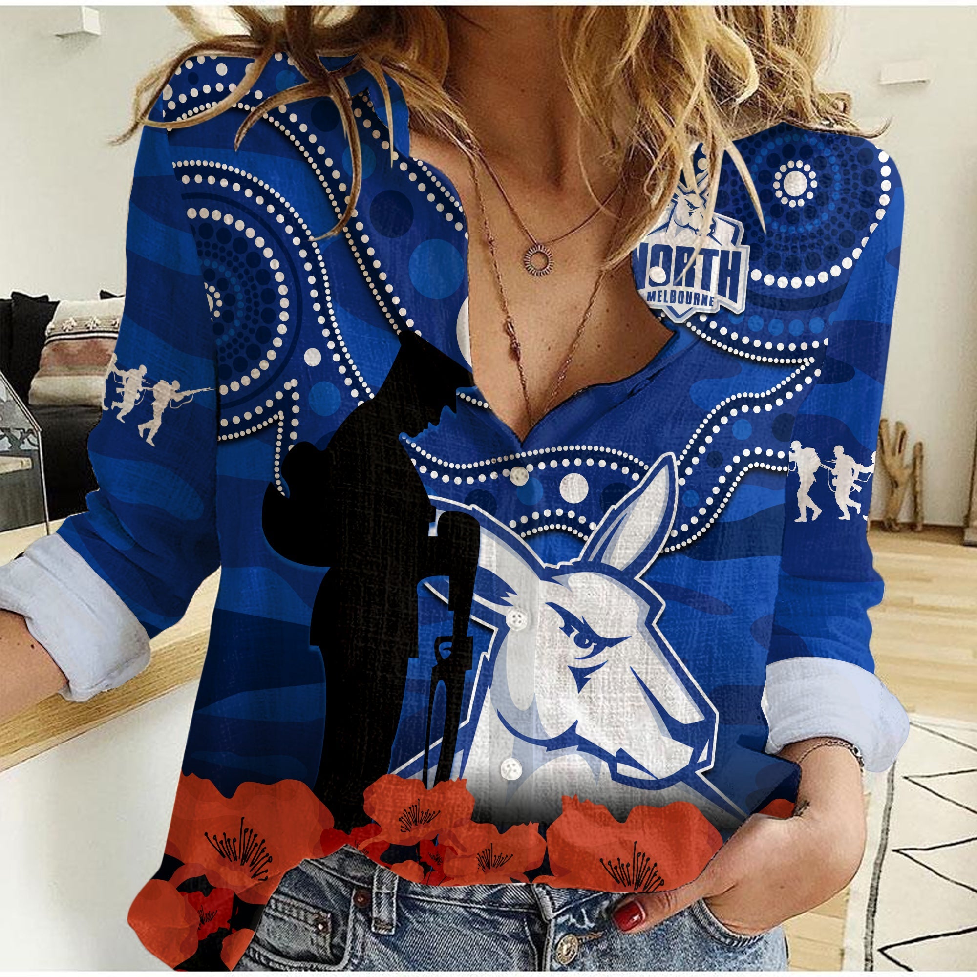 north-melbourne-football-anzac-2023-women-casual-shirt-kangaroos-aboriginal-mix-poppy-camouflage