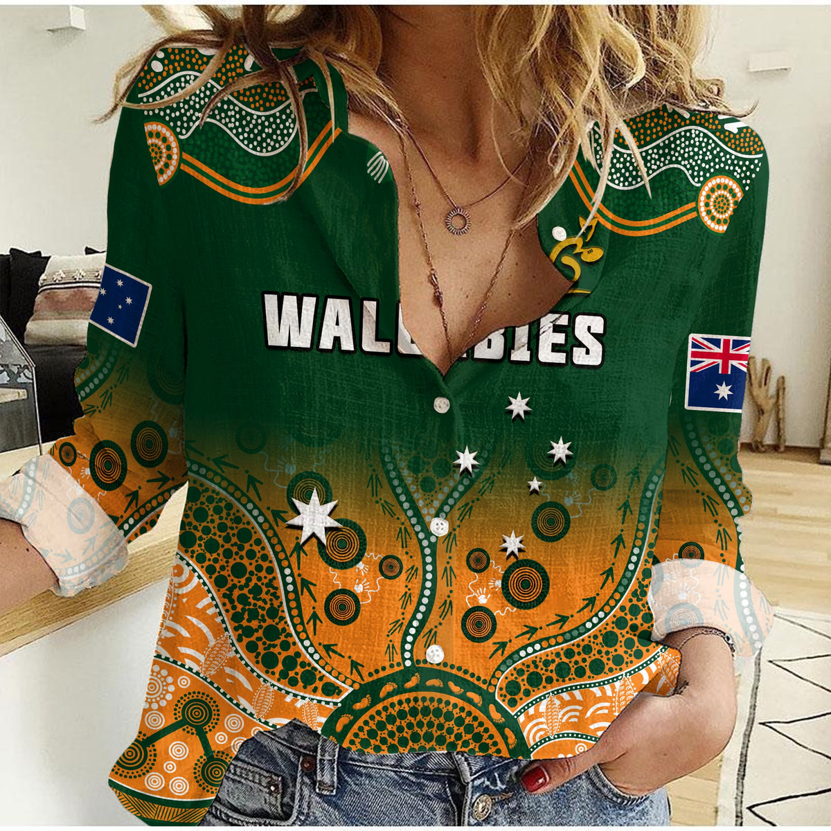 custom-text-and-number-australia-rugby-women-casual-shirt-wallabies-kangaroo-green-aboriginal