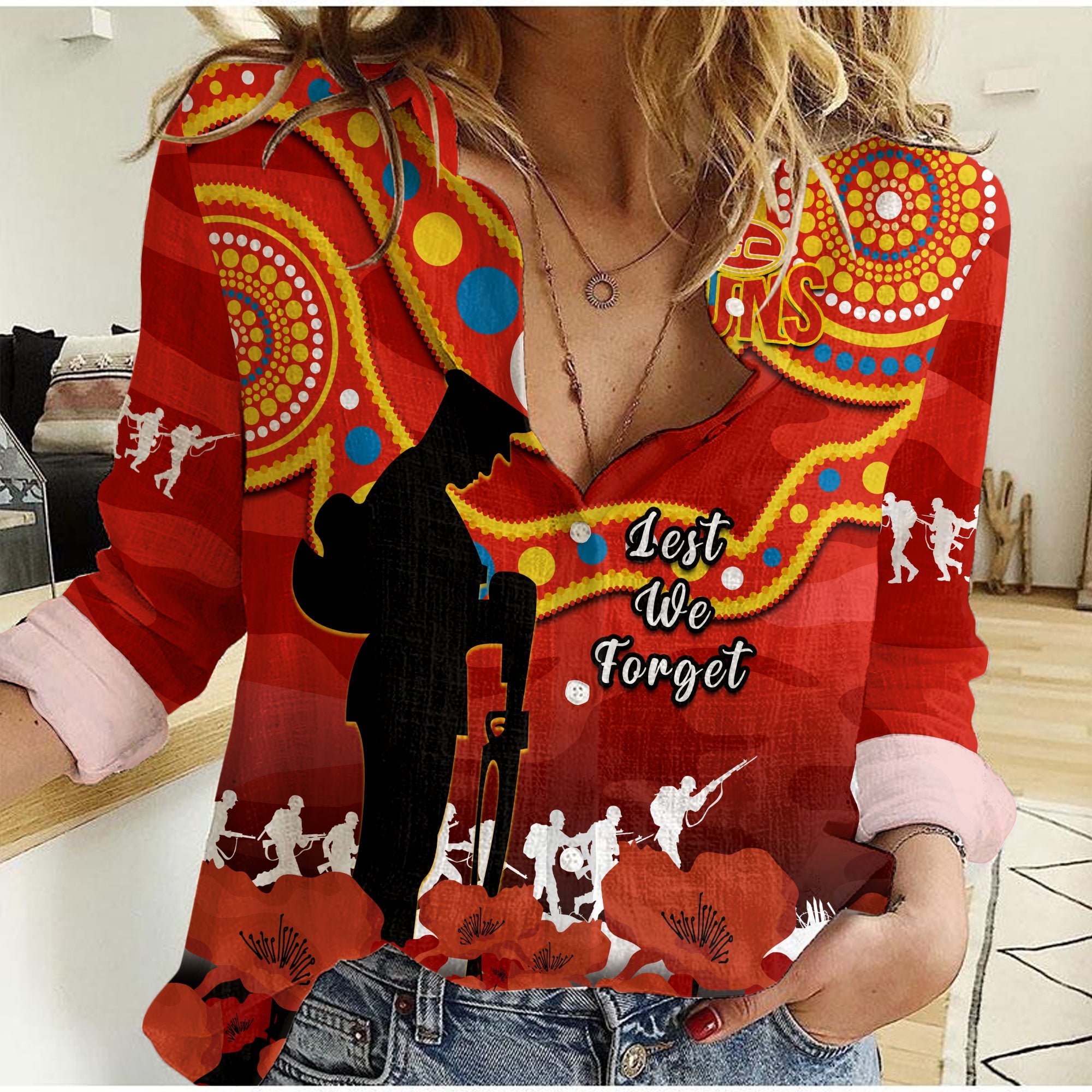 custom-text-and-number-gold-coast-football-anzac-2023-women-casual-shirt-suns-aboriginal-mix-poppy-camouflage