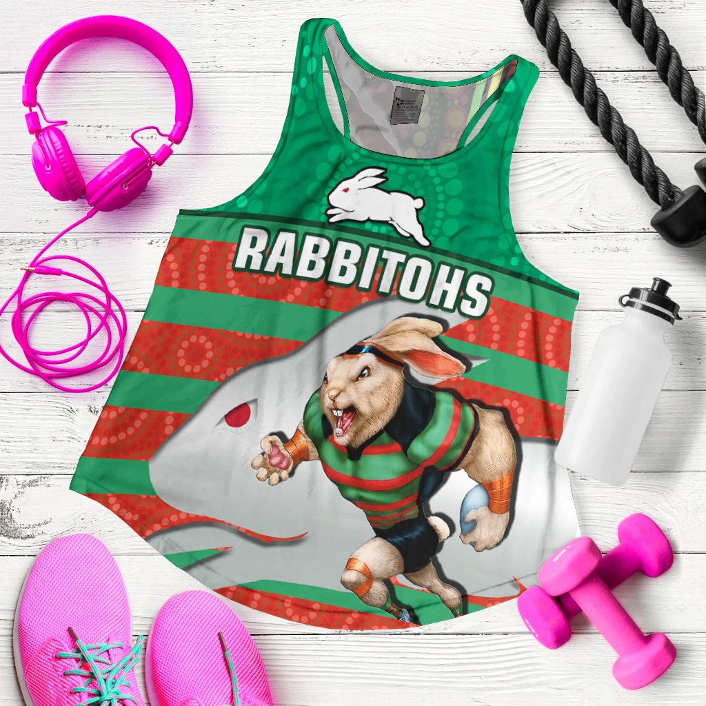 custom-personalised-rabbitohs-rugby-women-racerback-tank-aboriginal-dot-painting-glory-glory-sporty-style