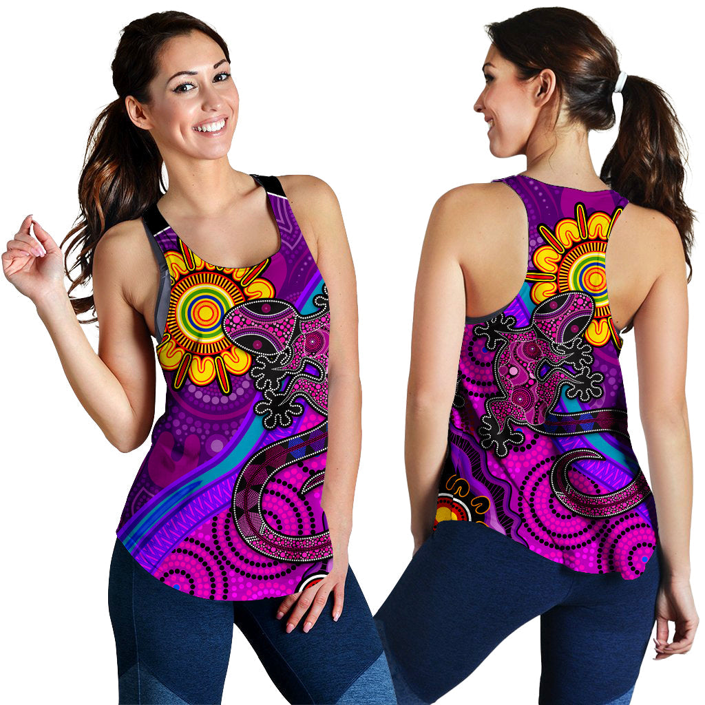 australia-lizard-and-sun-women-racerback-tank-aboriginal-art-purple