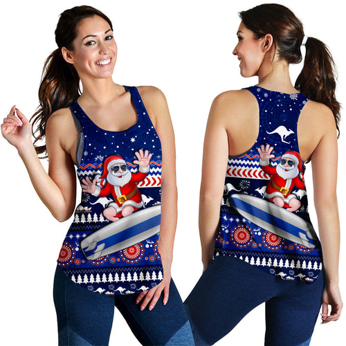 australia-christmas-women-racerback-tank-aussie-aboriginal-santa-claus-is-surfing-with-kangaroo